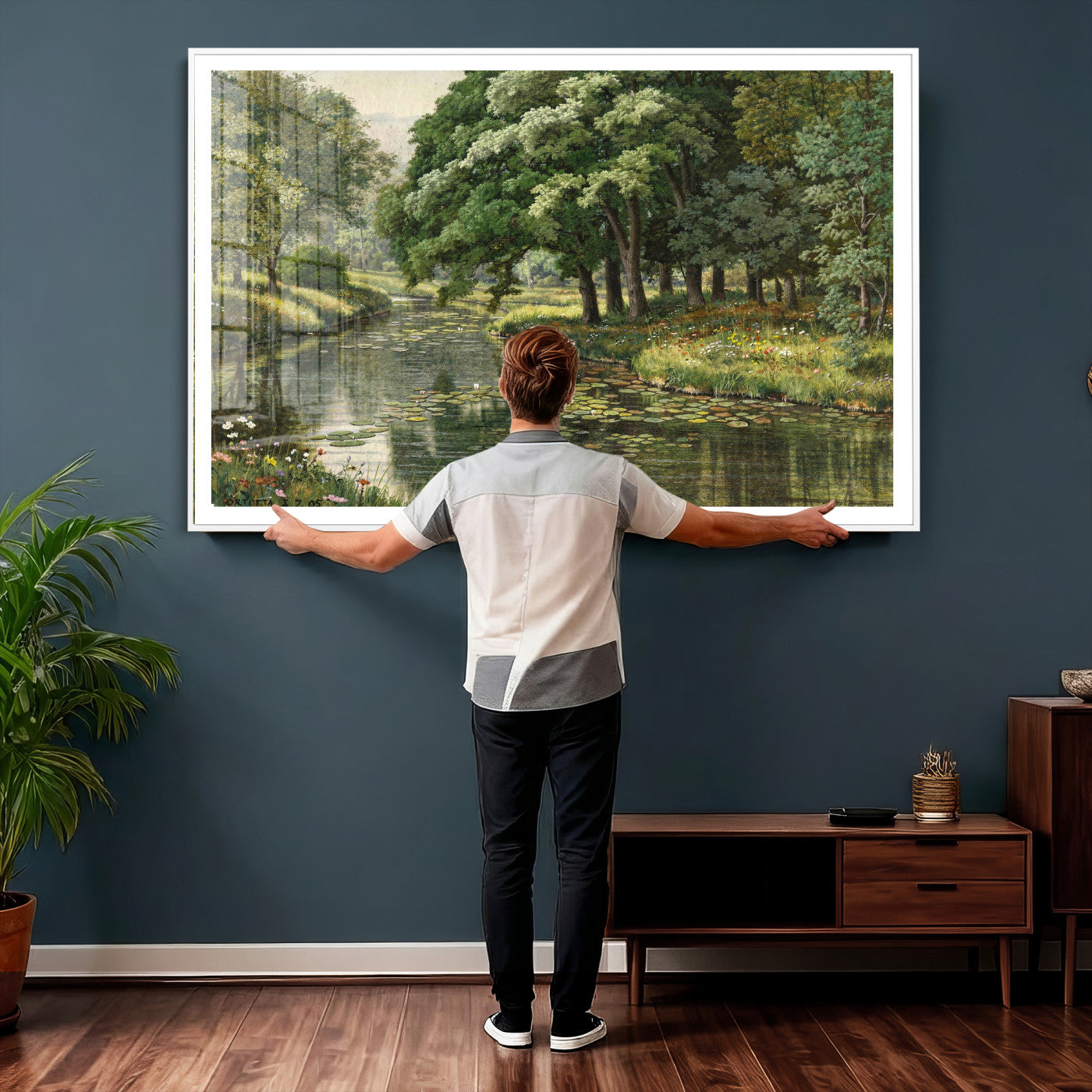 44288560-MGV-CV-36X24 - Forest Stream Canvas Wall Art, Peder Monsted A Forest Stream 1905 Print, Danish Realist Landscape, Lily Pad River Nature Decor, Vintage Green Painting