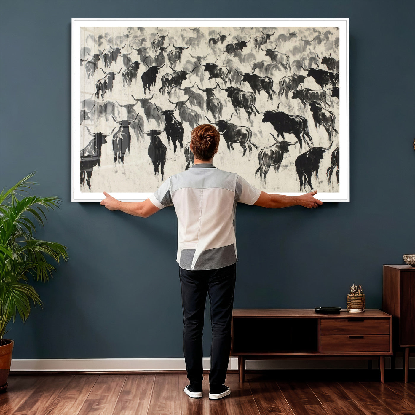 68669792-MGV-CV-36X24 - Longhorn Cattle Canvas Wall Art, Black White Stampede Ink Painting Print, Western Farmhouse Decor, Bull Herd Art, Large Living Room Wall Art, Ranch Home Decor