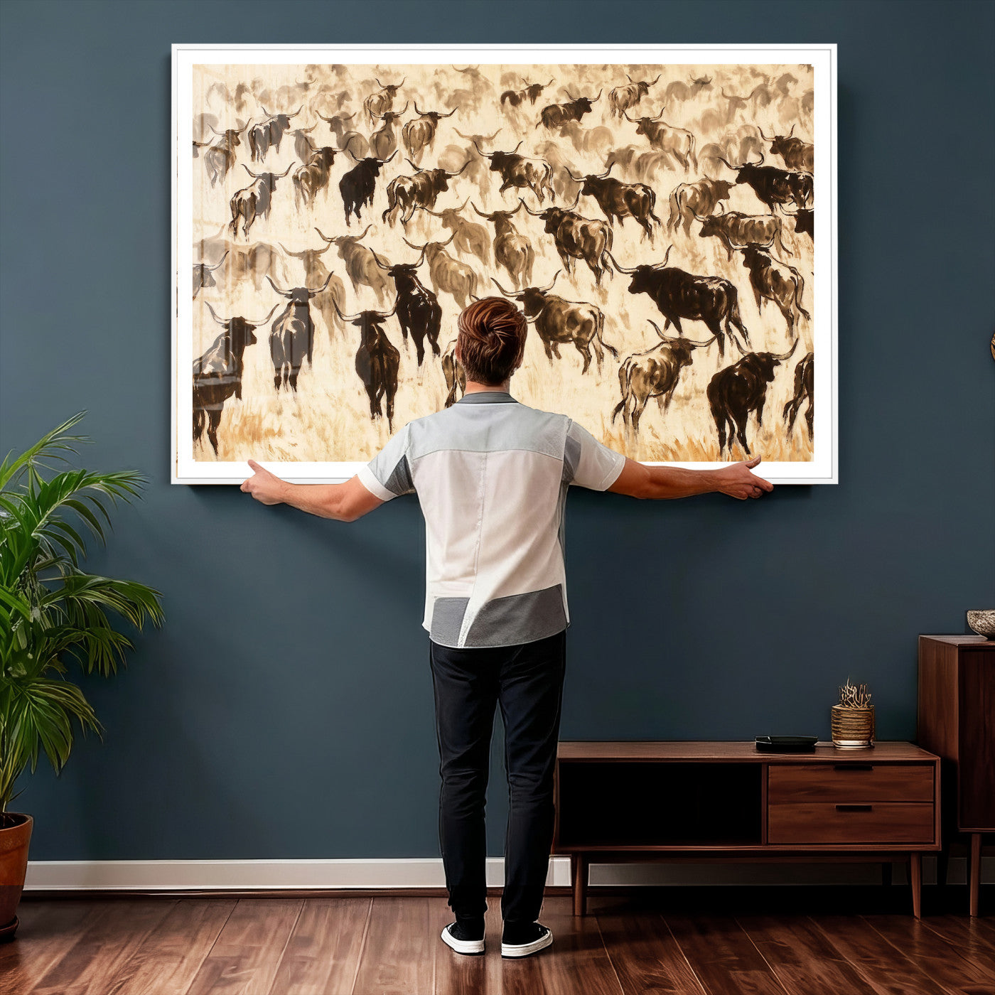 39077774-MGV-CV-36X24 - Texas Longhorn Sepia Canvas Wall Art, Western Cattle Stampede Painting Print, Warm Amber Ranch Decor, Rustic Cowboy Home Art, Large Living Room Decor