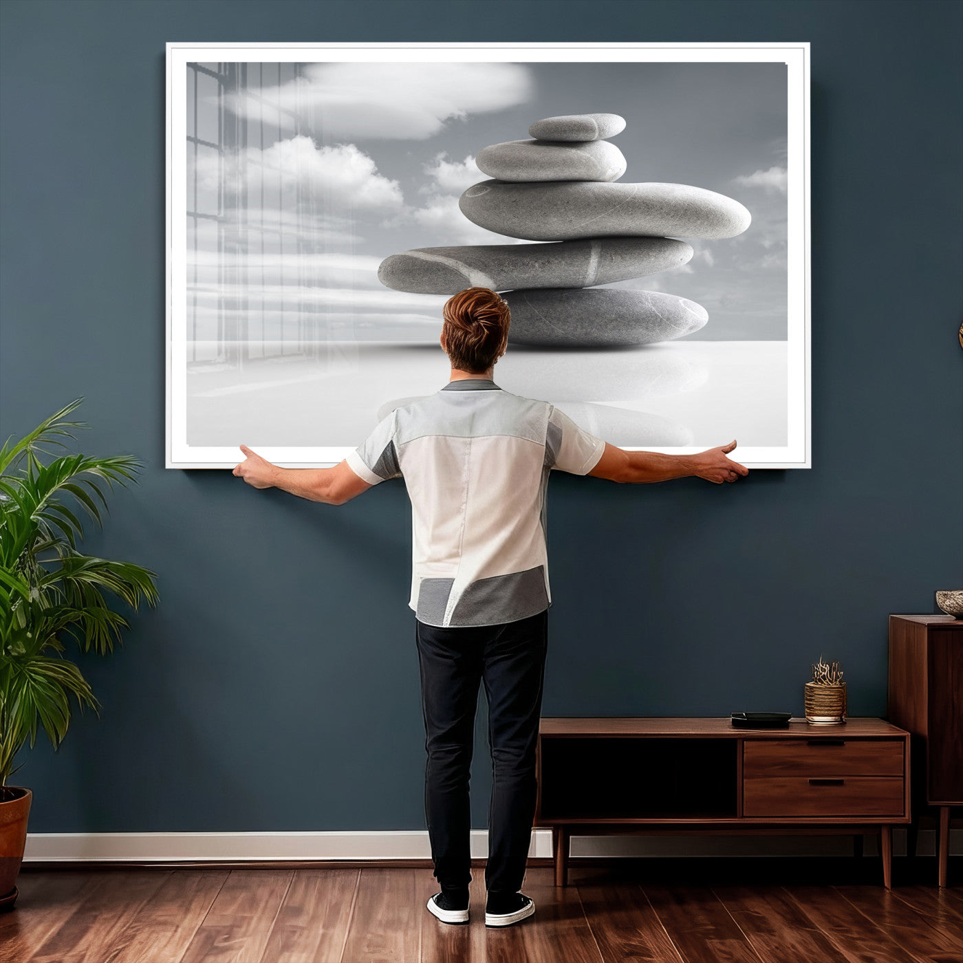 86426188-MGV-CV-36X24 - Zen Stone Wall Art Canvas Print, Balanced Rock Stack Framed Spa Artwork, Minimalist Meditation Decor for Living Room Bedroom Office Bathroom