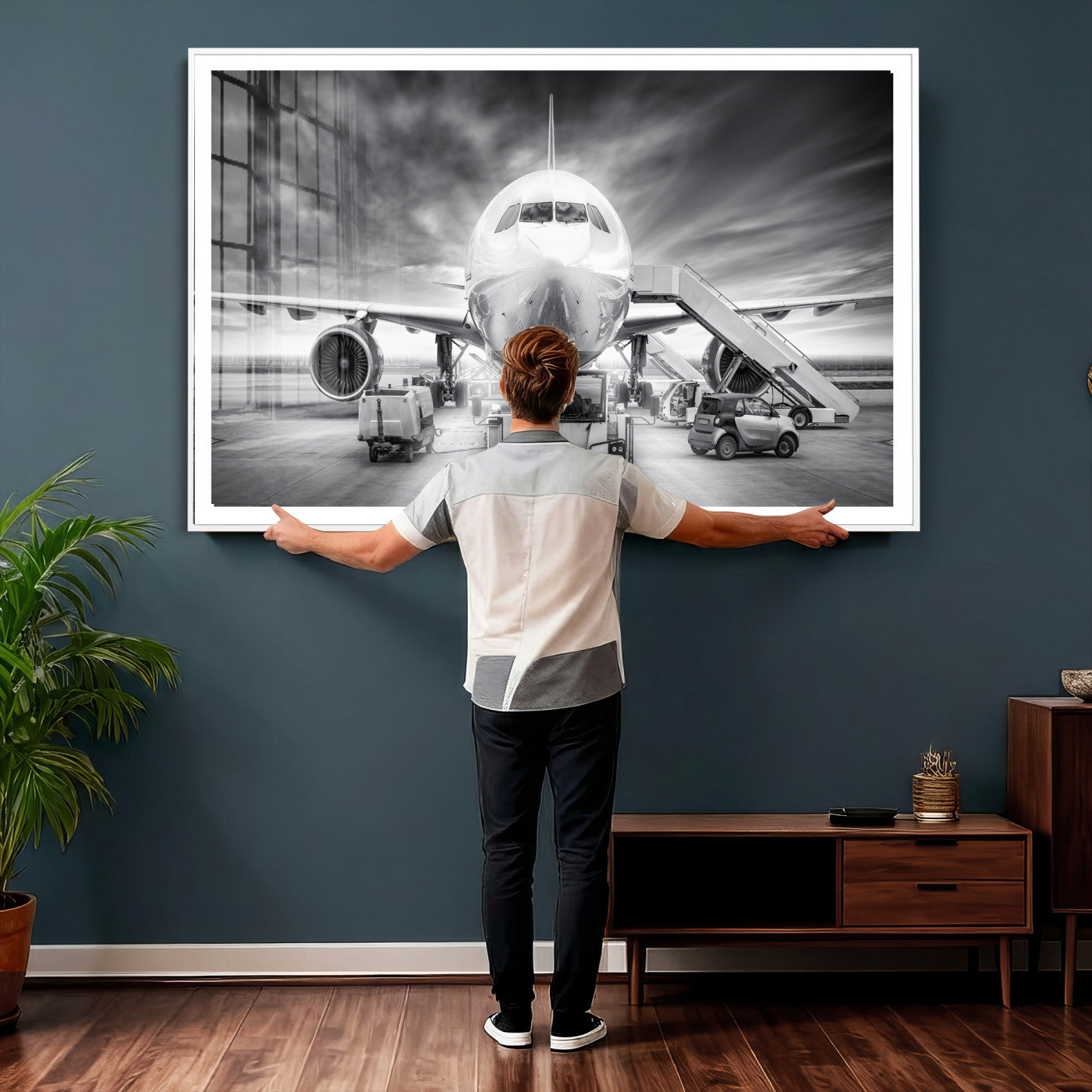 85885848-MGV-CV-36X24 - Airplane Wall Art Canvas Print, Black and White Jet Aircraft Airport Runway Framed Aviation Artwork for Pilot Office Hangar Travel Decor