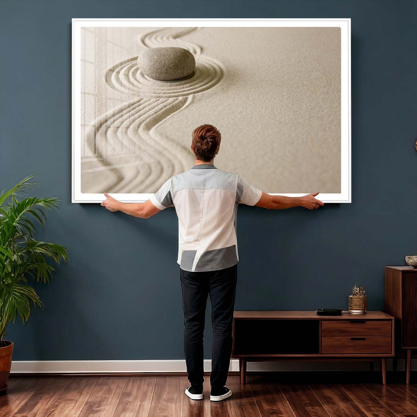 66852661-MGV-CV-36X24 - Zen Garden Stone Sand Canvas | Japanese Rock Garden Wall Art | Minimalist Meditation Print | Neutral Beige Mindfulness Decor
