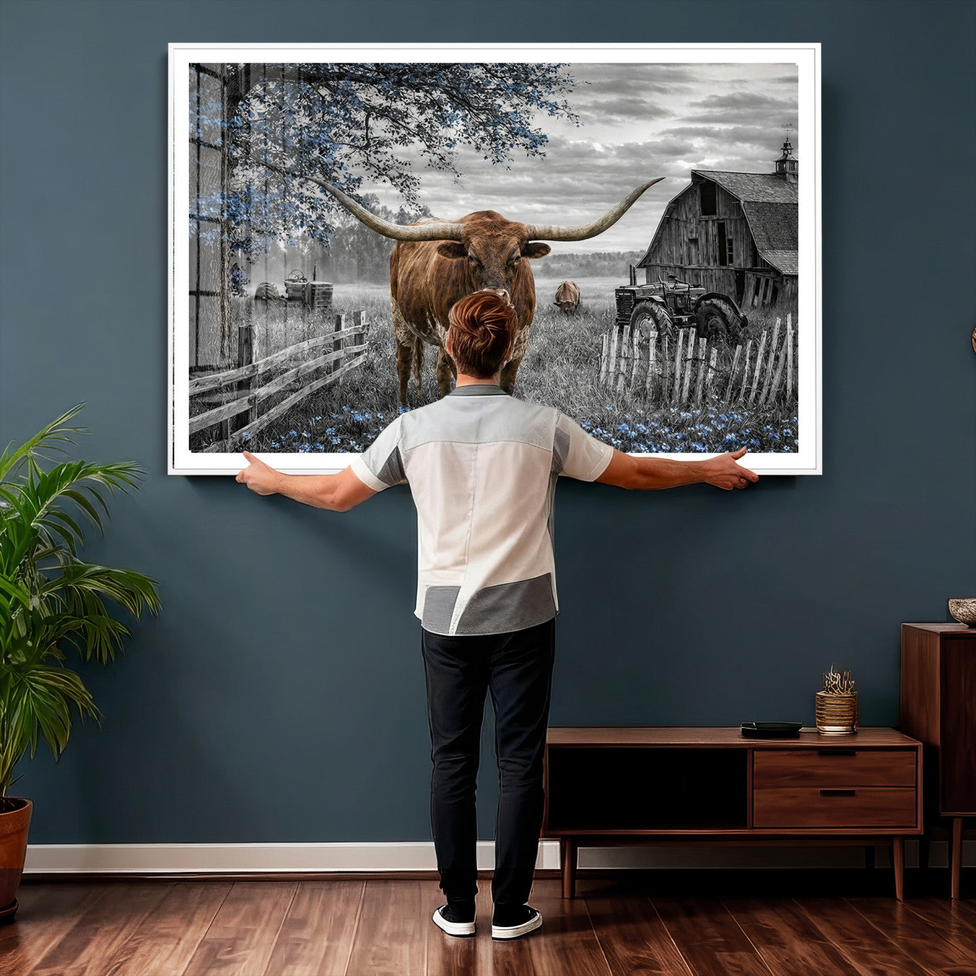 19366343-MGV-CV-36X24 - Texas Longhorn Canvas Wall Art, Rustic Farm Barn Bluebonnet Photography Print, Farmhouse Country Decor, Western Ranch Art, Old Truck Tractor Print