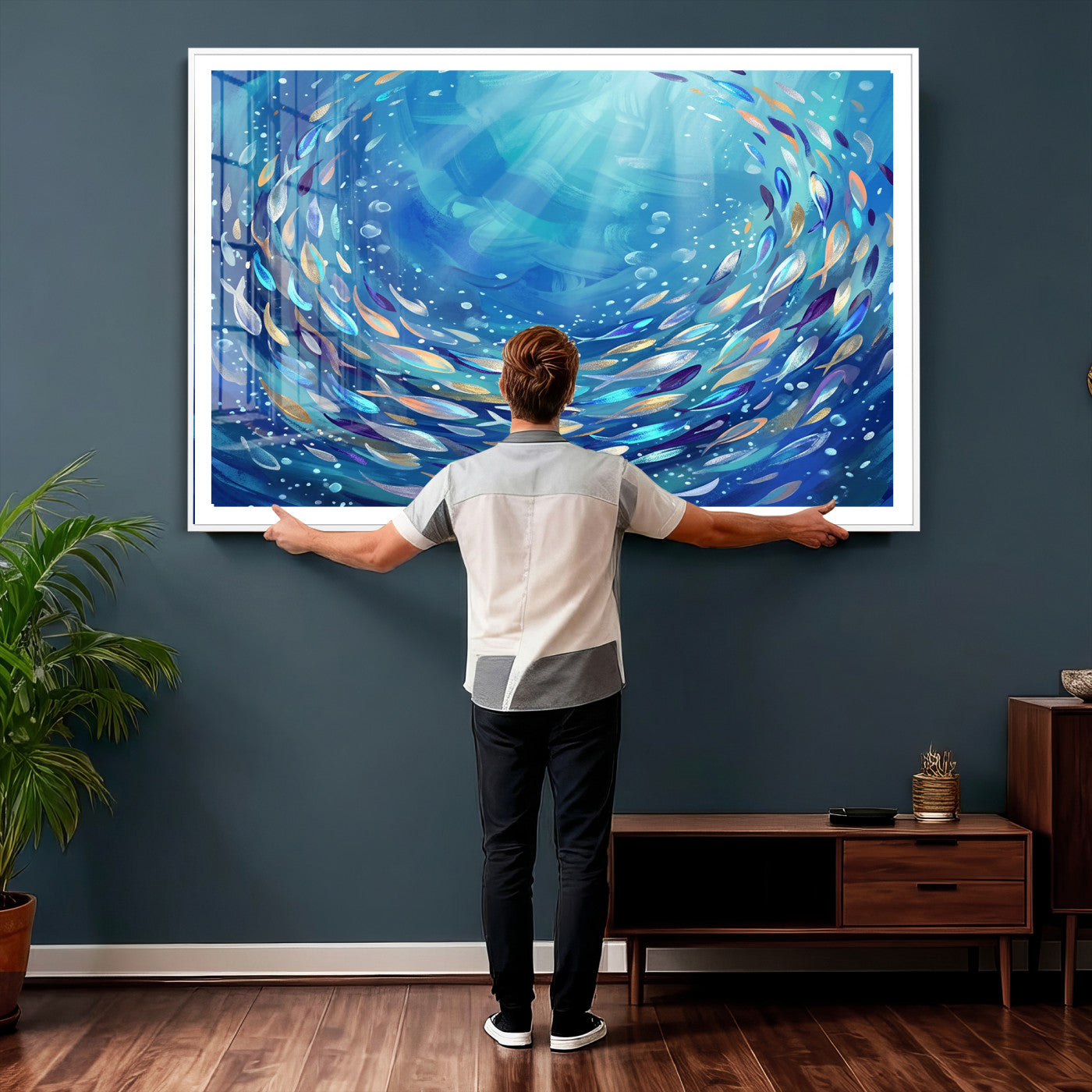 78699899-MGV-CV-36X24 - School of Fish Canvas Print | Blue Ocean Underwater Wall Art | Swirling Fish Shoal Illustration | Marine Navy Coastal Decor