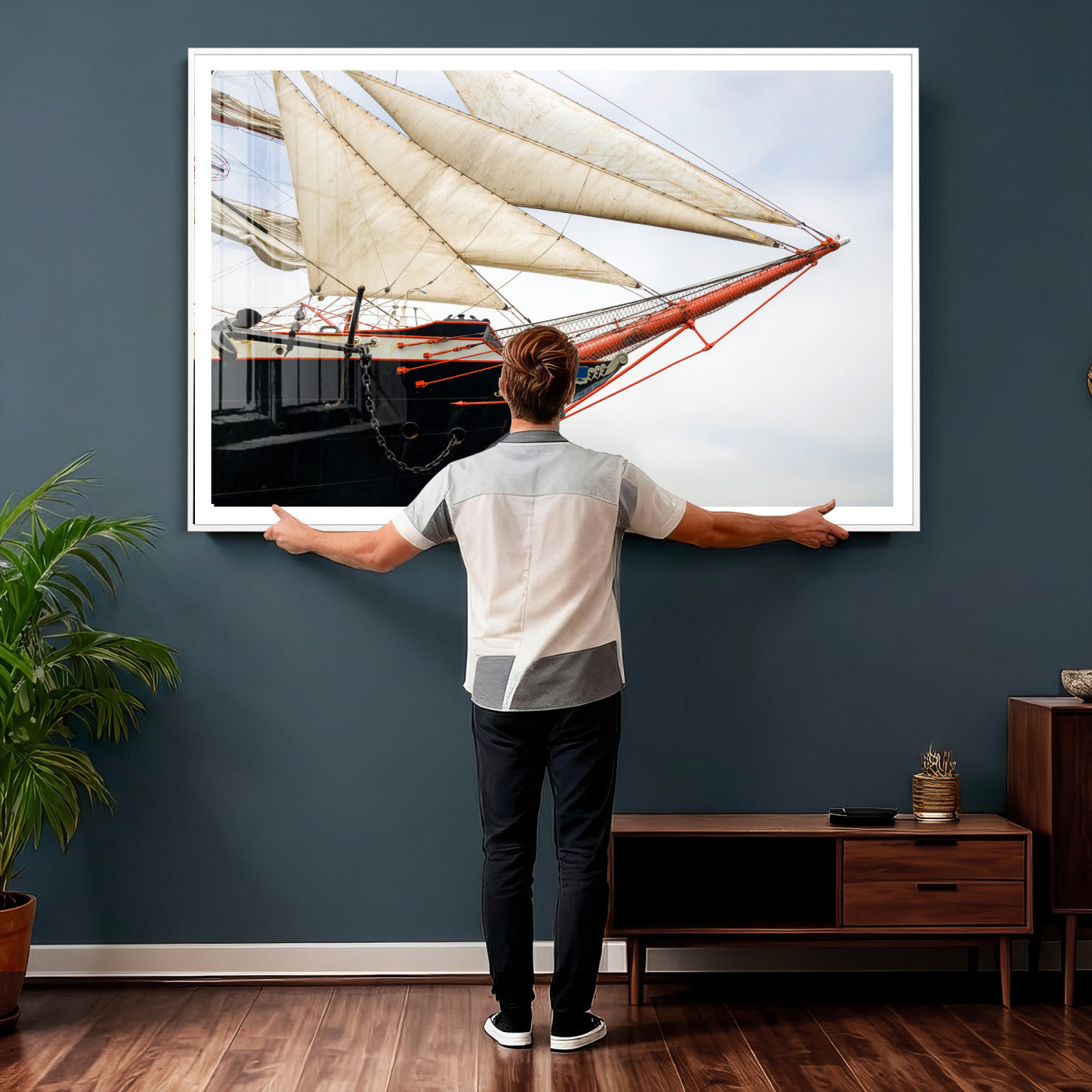64830036-MGV-CV-36X24 - Sailboat Wall Art Canvas Print, Vintage Ship Bow Framed Artwork, Nautical Sailing Decor for Living Room Office Beach House