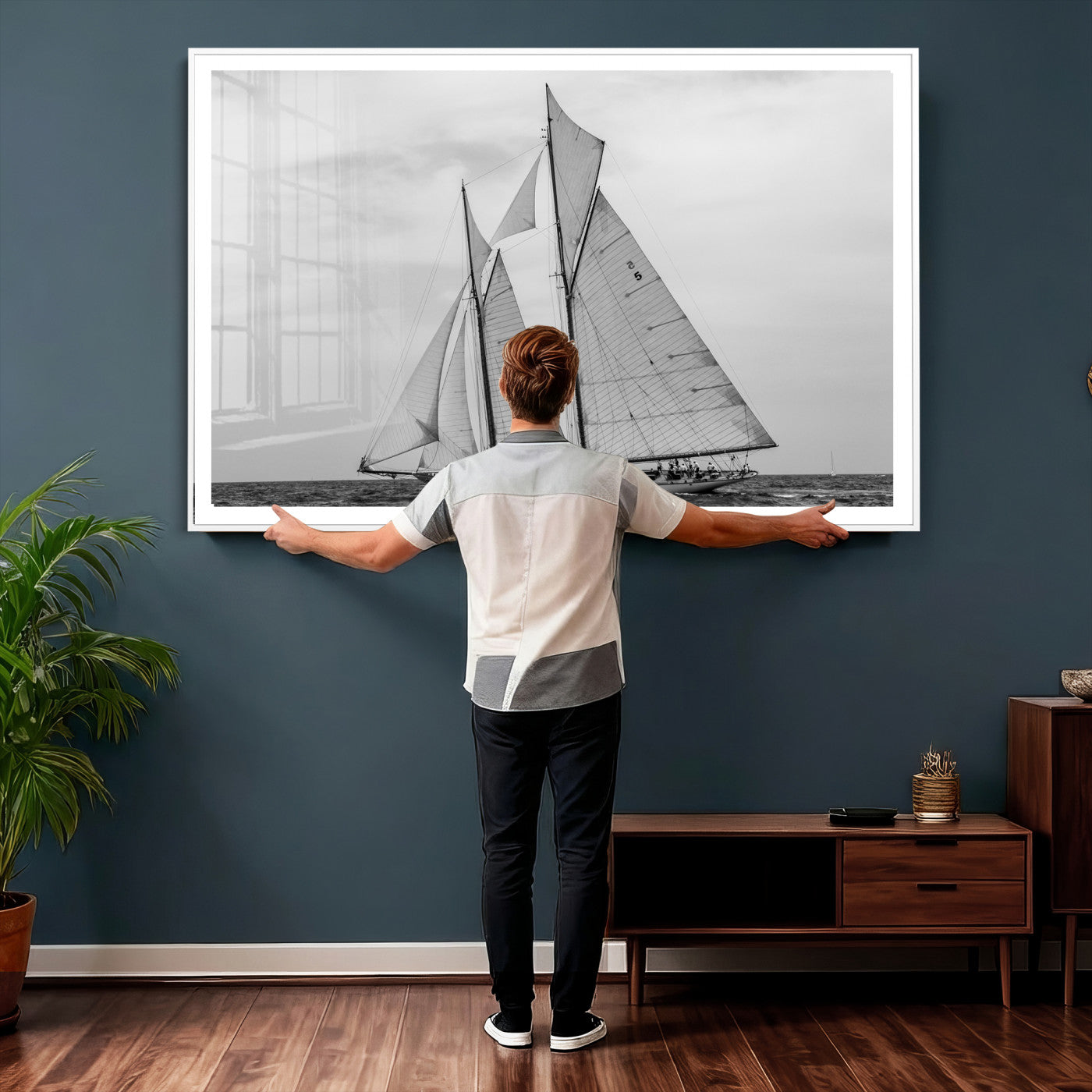 52882918-MGV-CV-36X24 - Vintage Sailboat Wall Art Canvas Print, Black and White Schooner Framed Artwork, Nautical Ocean Sailing Decor for Living Room Office Beach House