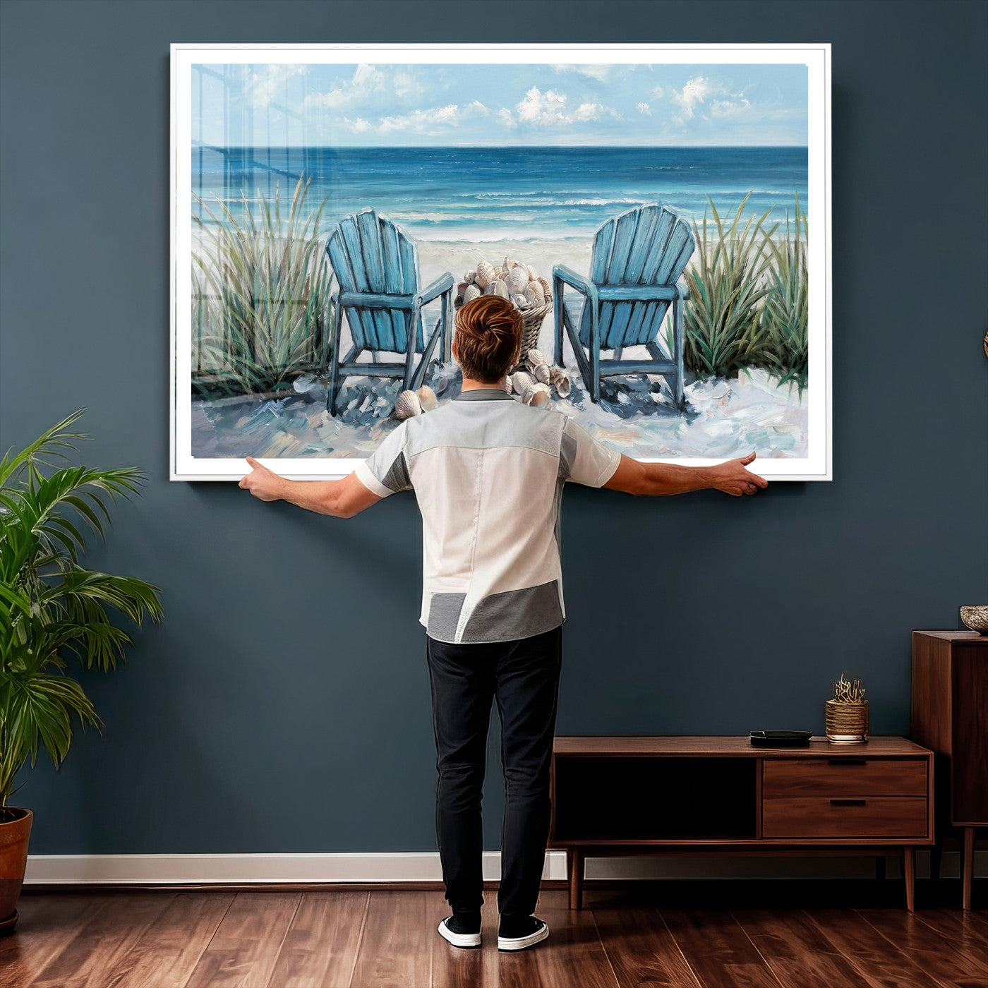 11973028-MGV-CV-36X24 - Beach Canvas Wall Art Coastal Adirondack Chairs Ocean Seashells Blue Nautical Framed Large for Living Room Bedroom Bathroom Decor