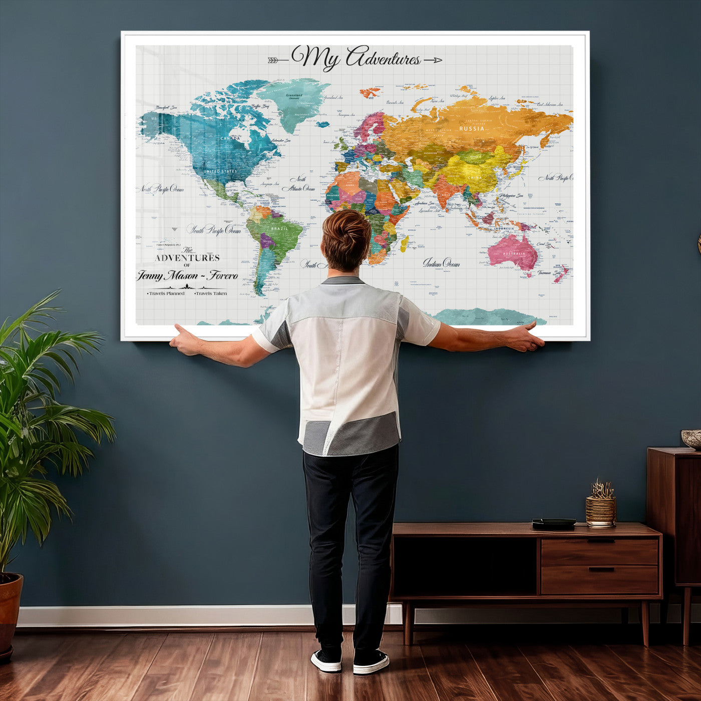 56239817-MGV-CV-36X24 - Custom Push Pin Watercolor World Map Canvas Wall Art Print – Abstract Colorful Travel Wall Decor