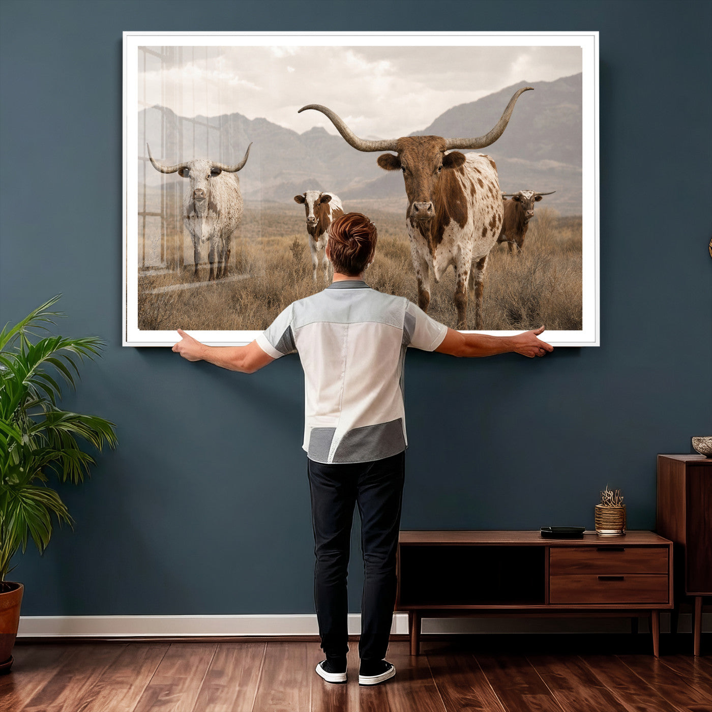 62336425AD-MGV-CV-36X24 - Rustic Texas Longhorn Cow Canvas Wall Art Print, Rustic Farm Animal Photography Print, Farmhouse Country Decor, Western Ranch Art