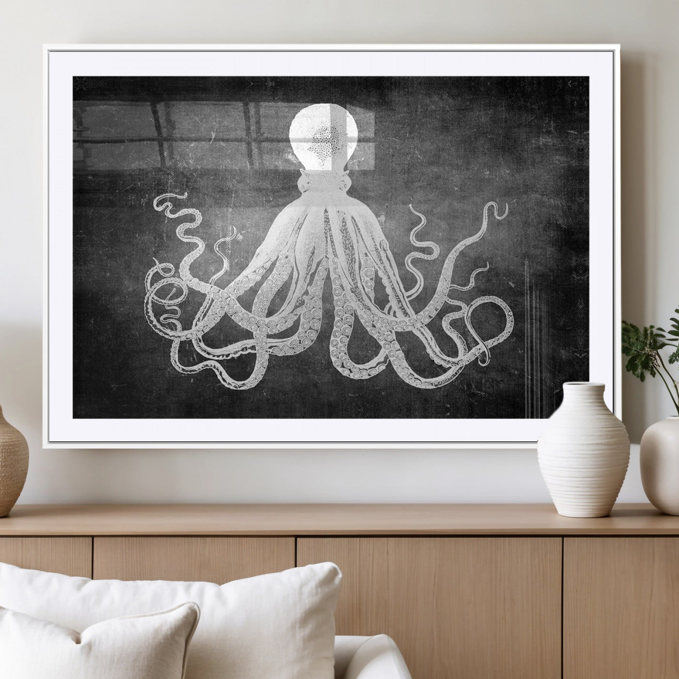 MGC-FP-36x24 - Black White Octopus Wall Art Canvas Print