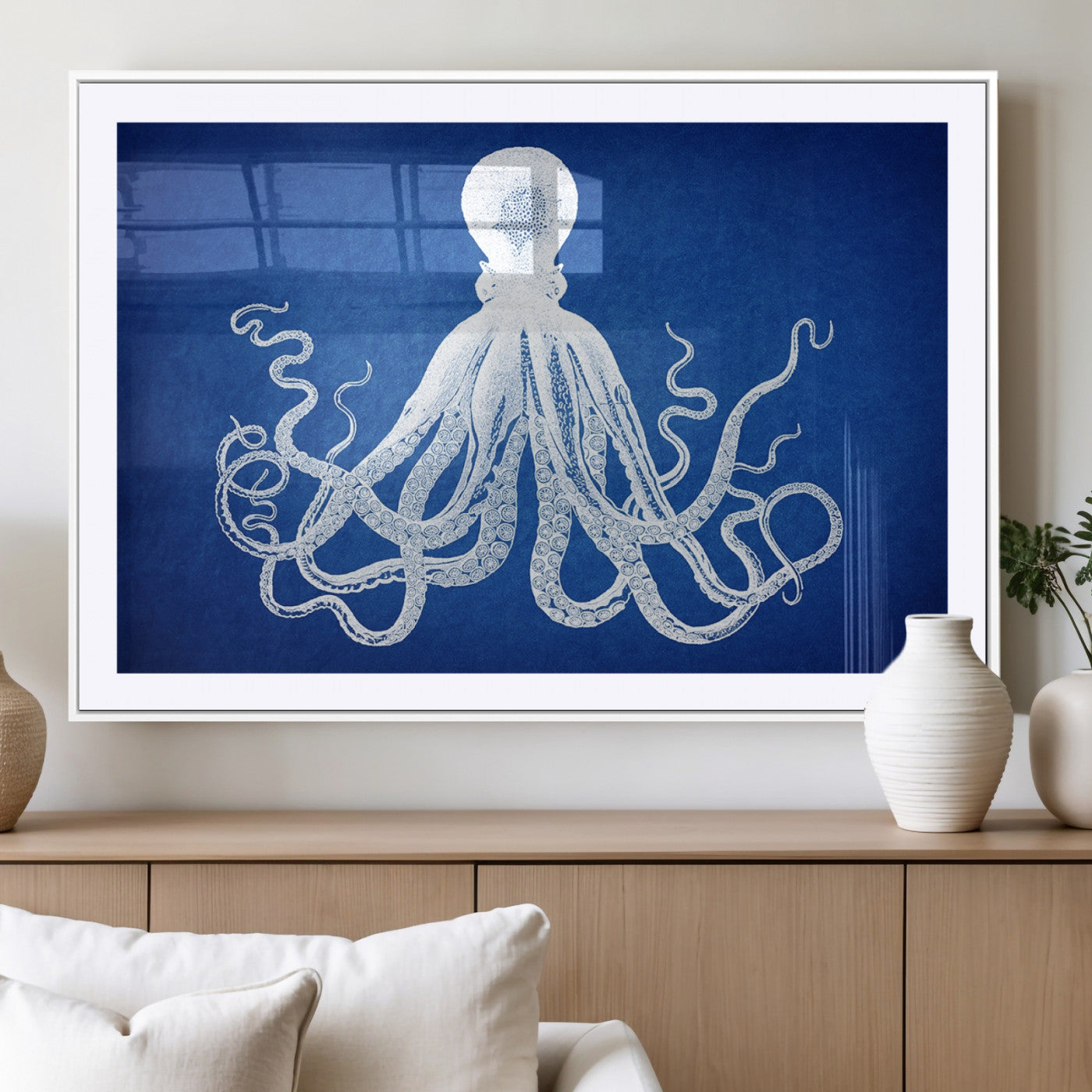 MGC-FP-36x24 - Large 3-Panel Blue Octopus Canvas Wall Art | Coastal Marine Life Artwork for Living Room, Bedroom,