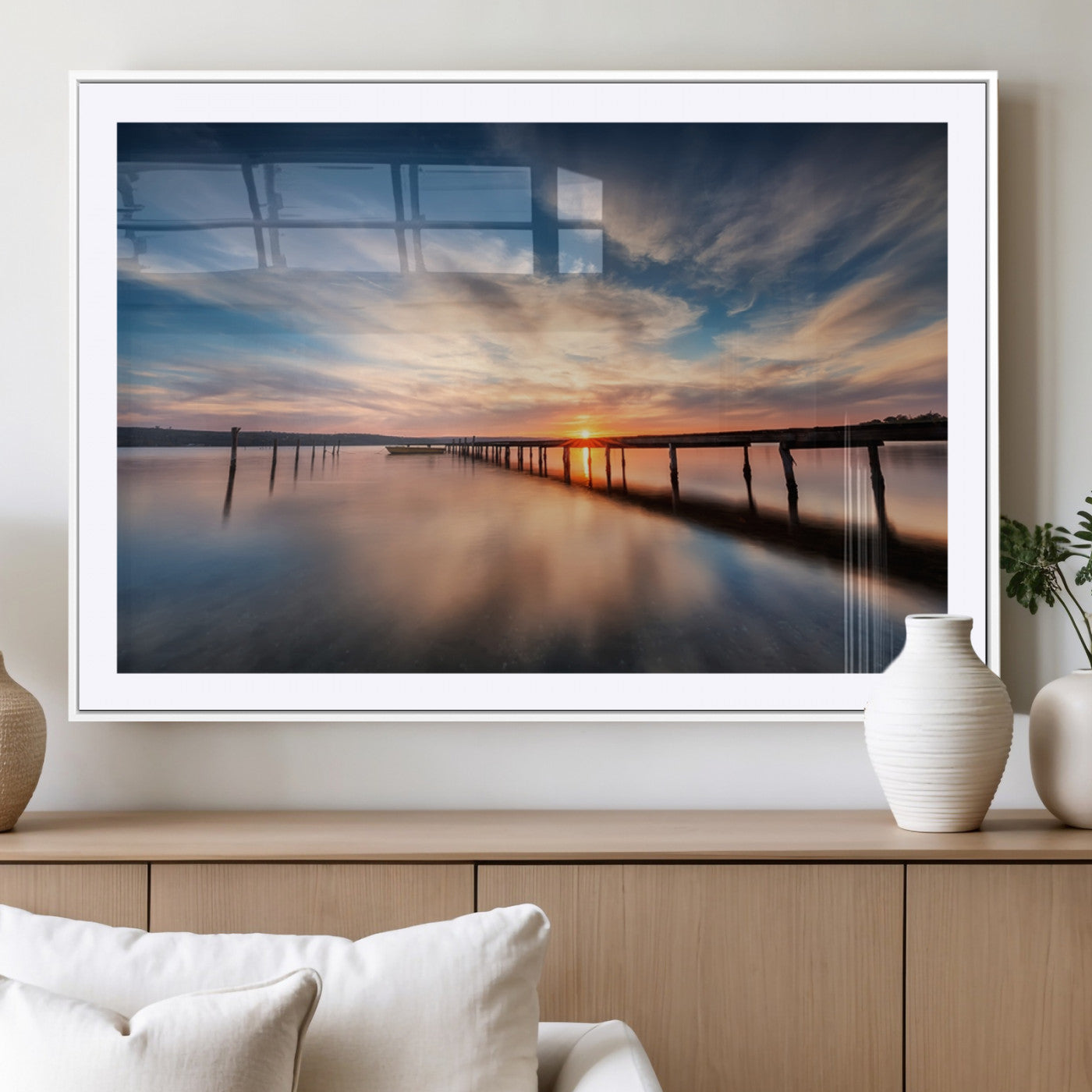 MGC-FP-36x24 - Wooden Pier on Seascape and Sunset Wall Art Canvas Print