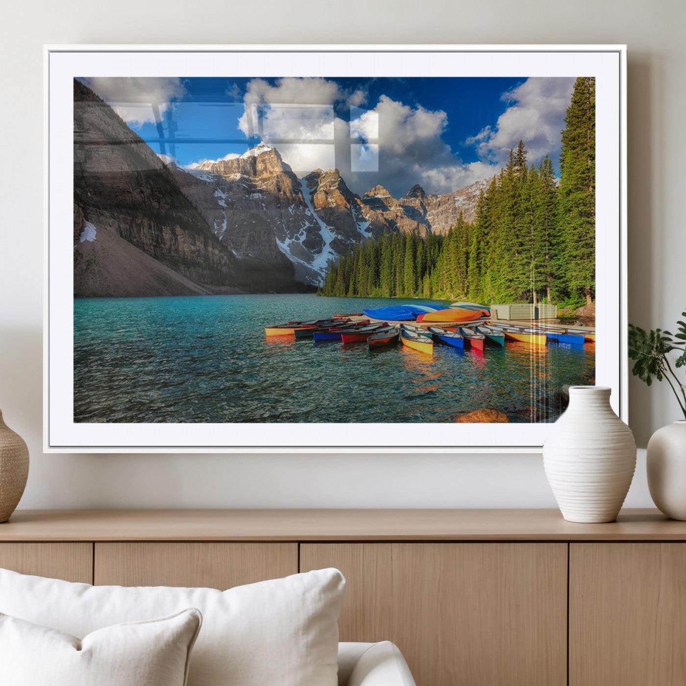 MGC-FP-36x24 - Moraine Lake 3-Panel Wall Art, Majestic Mountain and Lake Landscape Canvas Print Canoes on Moraine