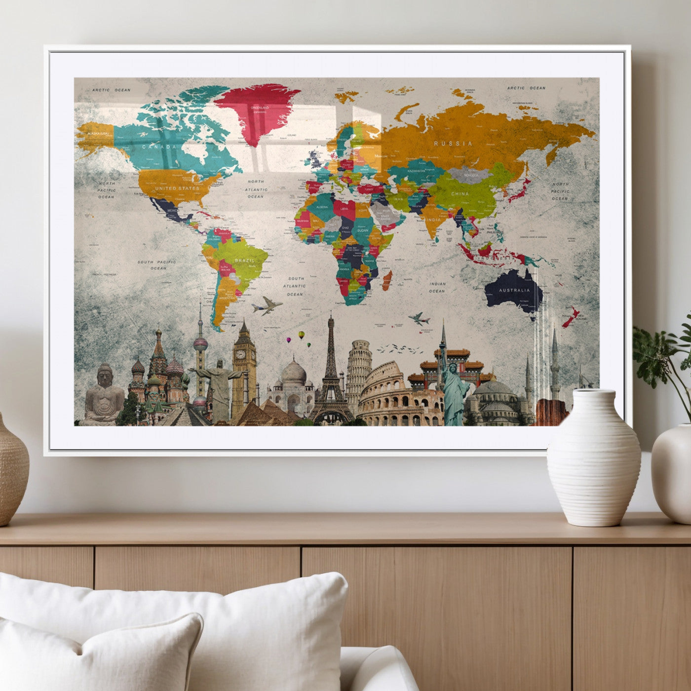 MGC-FP-36x24 - Push Pin World Map Canvas Print – Framed Wall Art for Couples to Track Their Travels – Anniversary