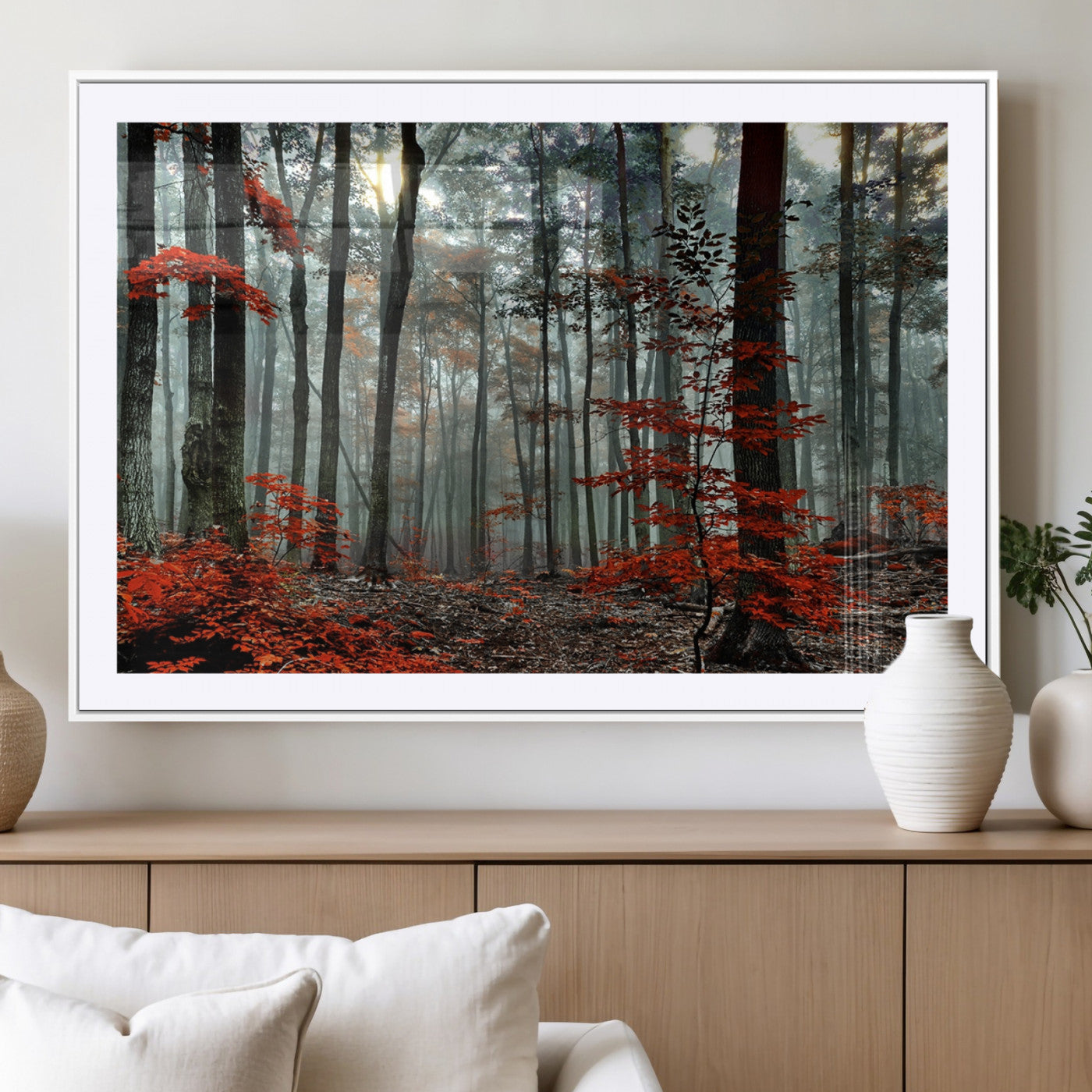 MGC-FP-36x24 - Autumn Forest Canvas Wall Art – Enchanting Red Leaves Triptych Print – Nature-Inspired Decor for