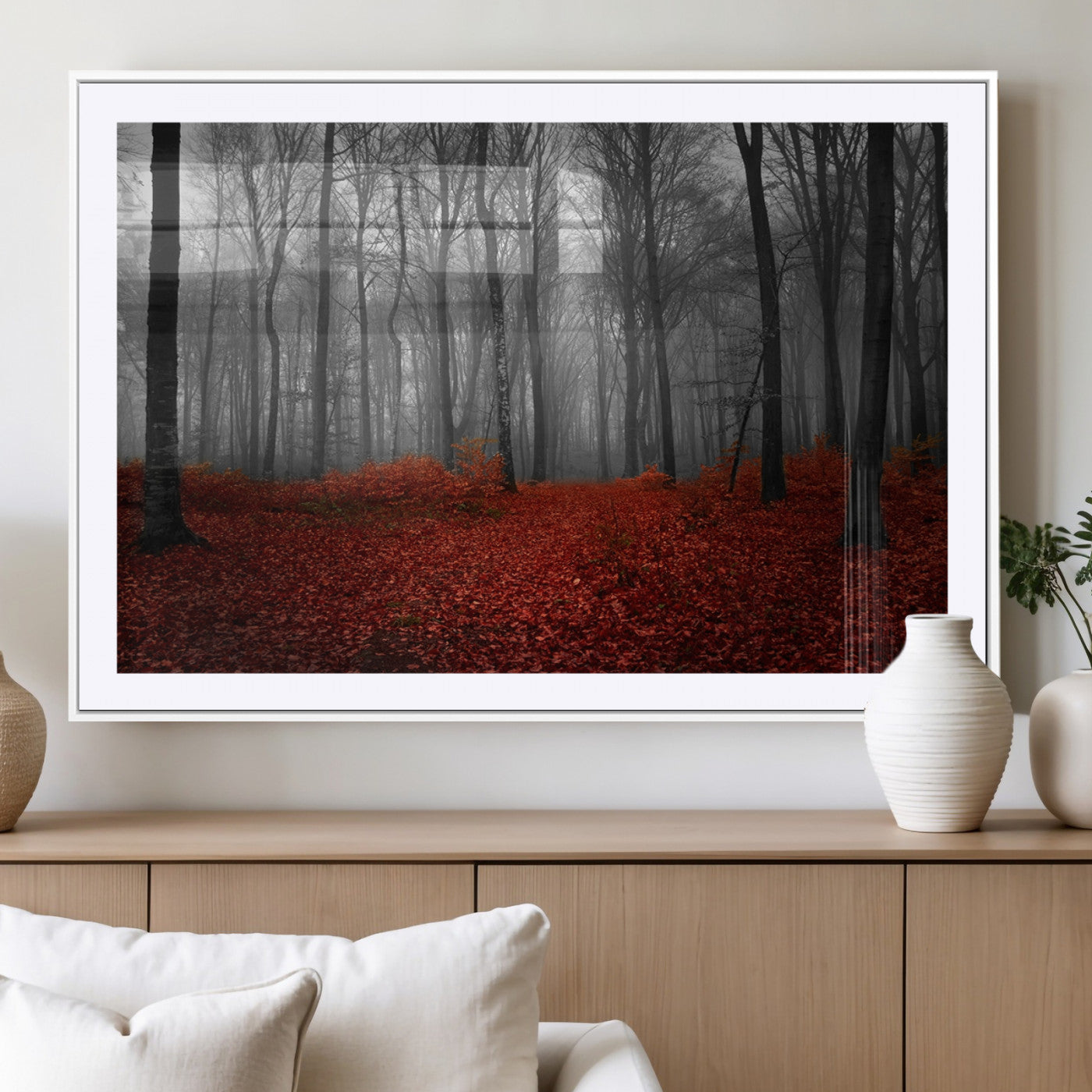 MGC-FP-36x24 - Red Forest Floor Canvas Wall Art – Mystical Foggy Woodland Triptych – Nature-Inspired Decor for