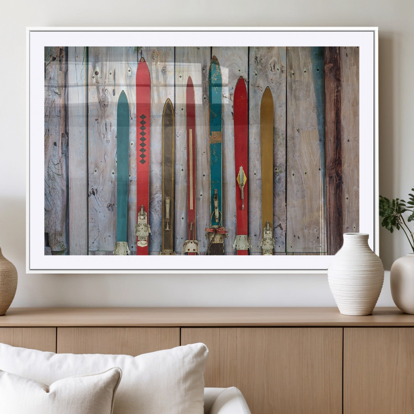 MGC-FP-36x24 - Vintage Wooden Weathered Ski's in Front of an Old Barn Wall Art Canvas Print for Farmhouse, Cabin