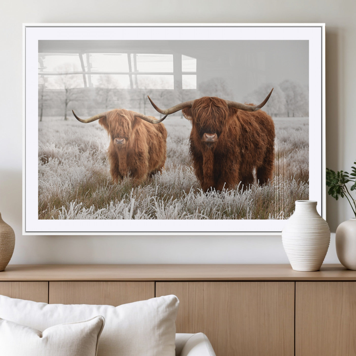 MGC-FP-36x24 - Longhorn Cattle Wall Art Canvas Print, Framed Farmhouse Style Art Picture Print, Rustic Cow Perfect Rustic Farmhouse Decor Artwork