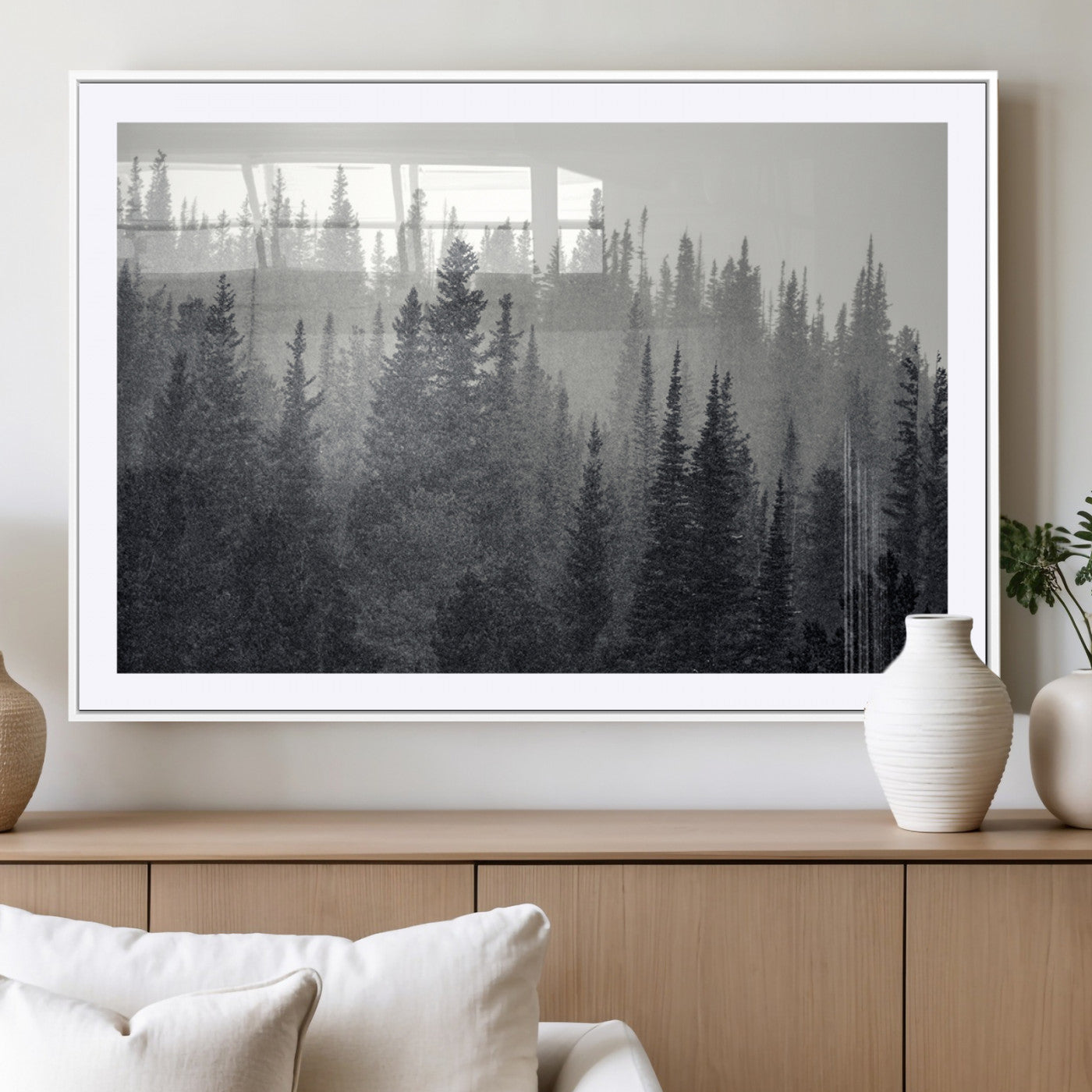 MGC-FP-36x24 - Misty Forest Canvas Wall Art – Monochrome Triptych Pine Tree Print – Nature-Inspired Home Decor –