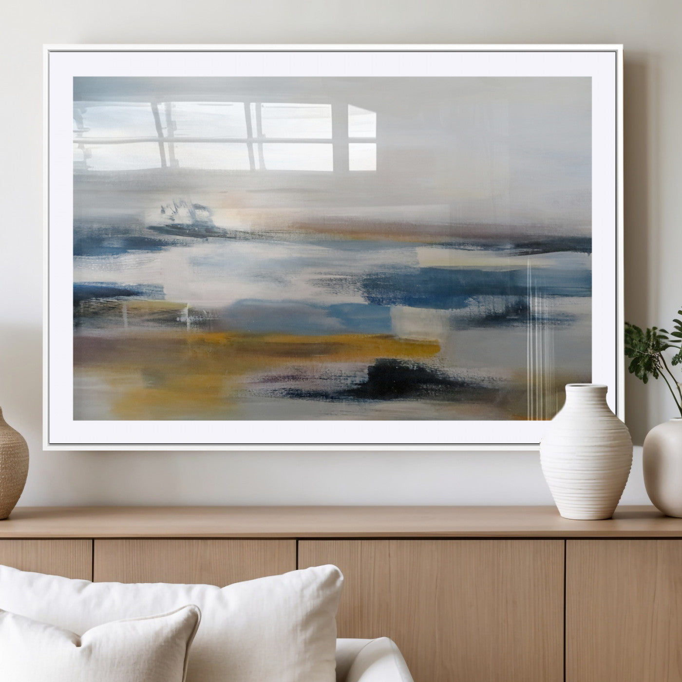 MGC-FP-36x24 - Abstract Landscape Wall Art Canvas | 3 Panel Modern Blue, Gold, and White Canvas Art for Living