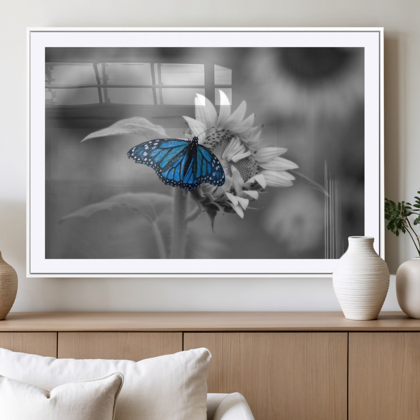 MGC-FP-36x24 - Blue Butterfly Black and White Canvas Wall Art