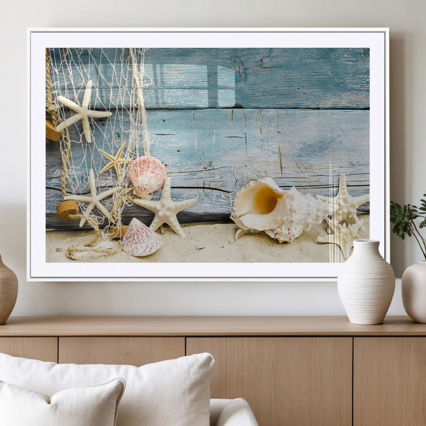 MGC-FP-36x24 - Seashells on Rustic Wooden Background, Seashells Wall Art Canvas Print