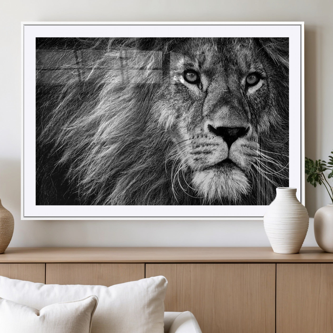 MGC-FP-36x24 - Black and White Lion Canvas Wall Art Print