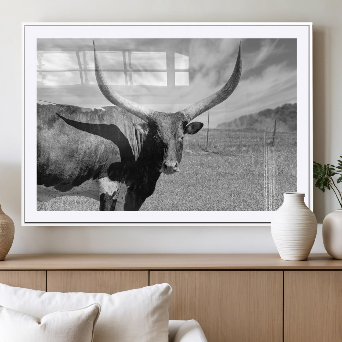 MGC-FP-36x24 - Longhorn Wall Art Canvas Print, Framed Ranch Wall Art Canvas Print