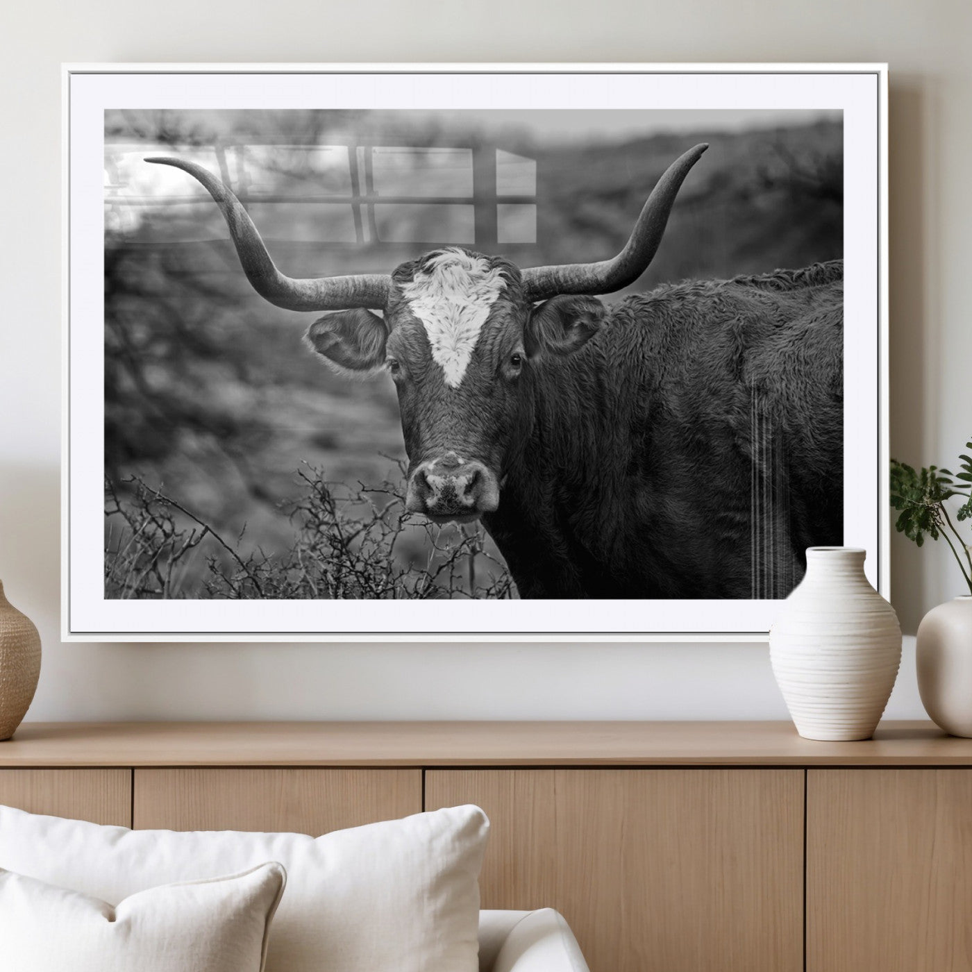 MGC-FP-36x24 - Western Home Wall Art Canvas Print, Framed Texas Longhorn Art Picture Print, Rustic Cow Perfect Rustic Farmhouse Decor Artwork
