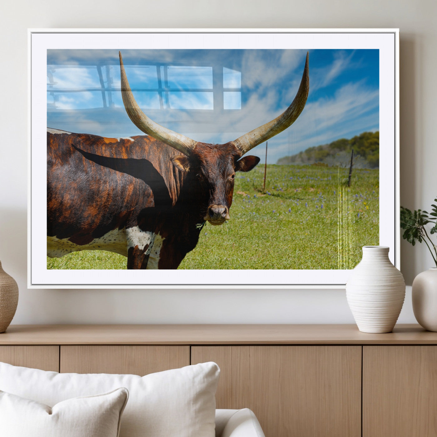 MGC-FP-36x24 - Longhorn and Cow Wall Art, Country Cow Wall Decor Canvas Print
