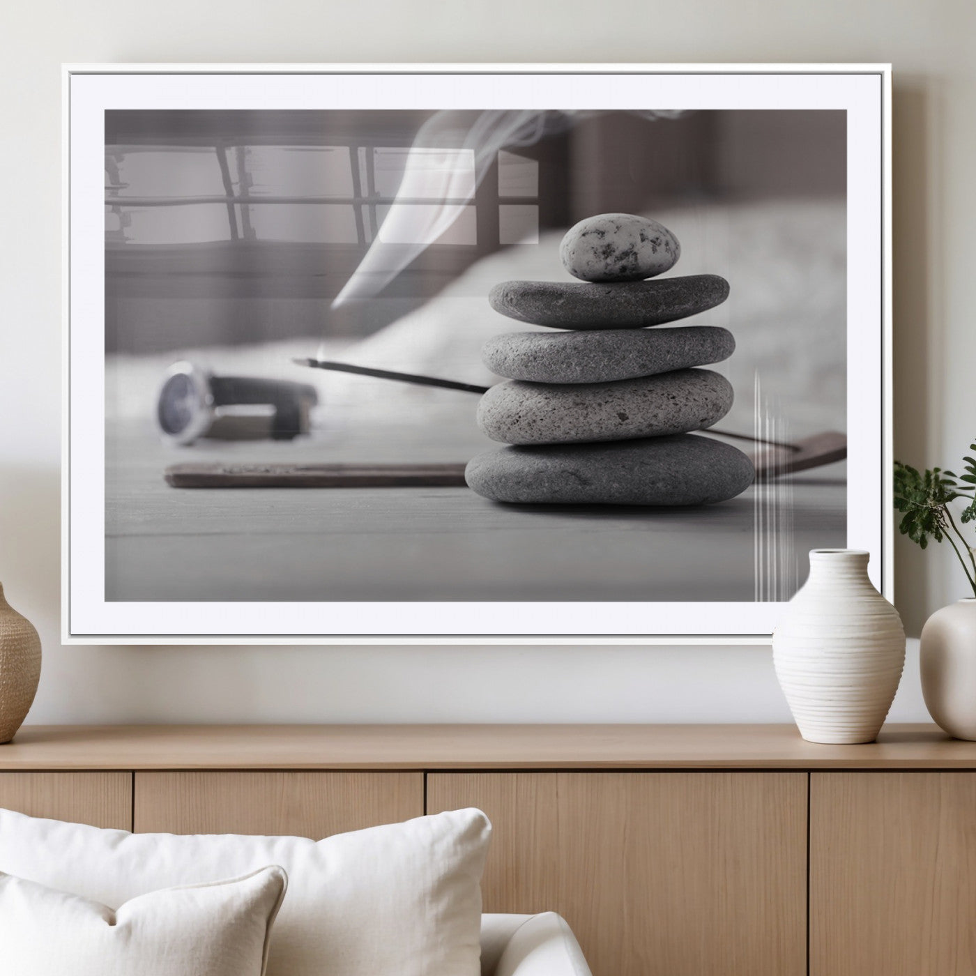 MGC-FP-36x24 - Burning Incense and Zen Stones Buddhism Wall Art, Zen Stones Wall Art Canvas Print