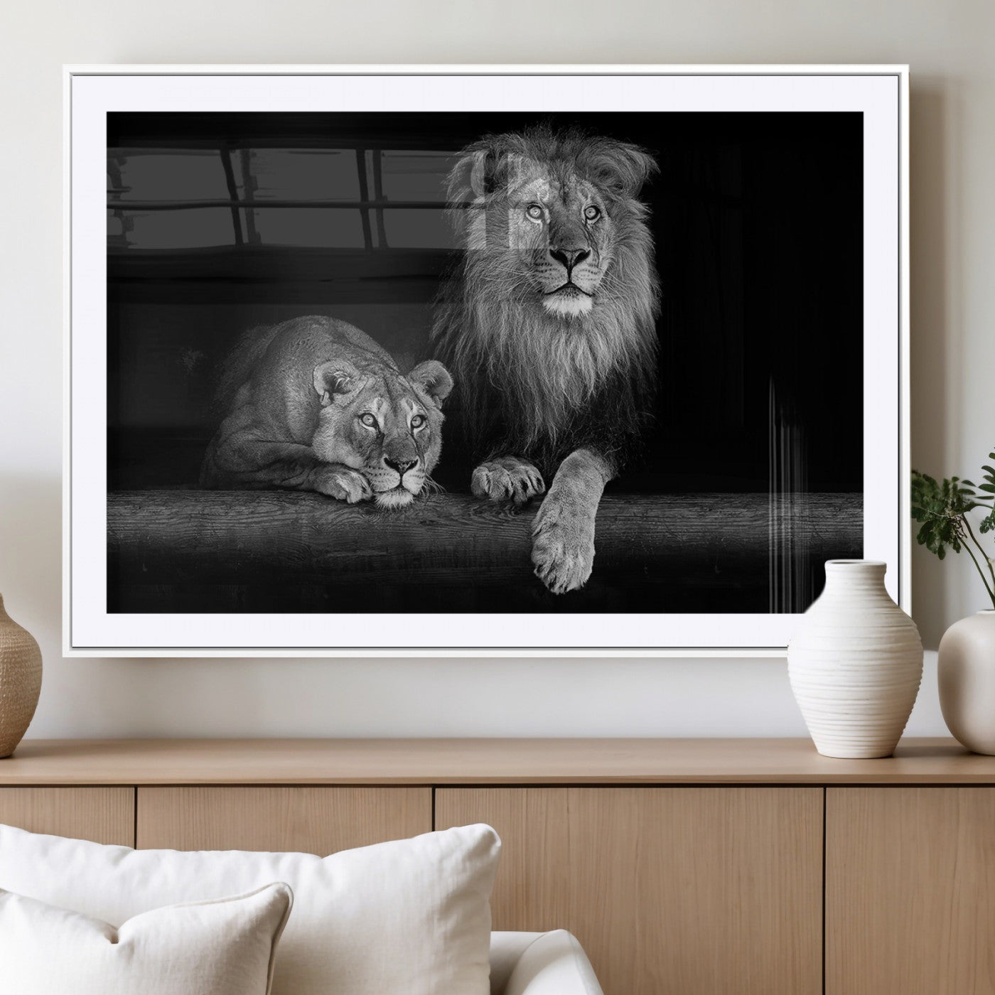 MGC-FP-36x24 - Large Black and White Lion Couple Wall Art Canvas Print