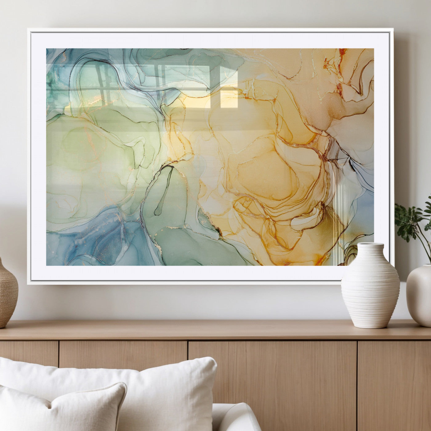 -Green and Yellow Marble Fluid Effect Wall Art, Green and Yellow Marble Canvas Wall Art Print
