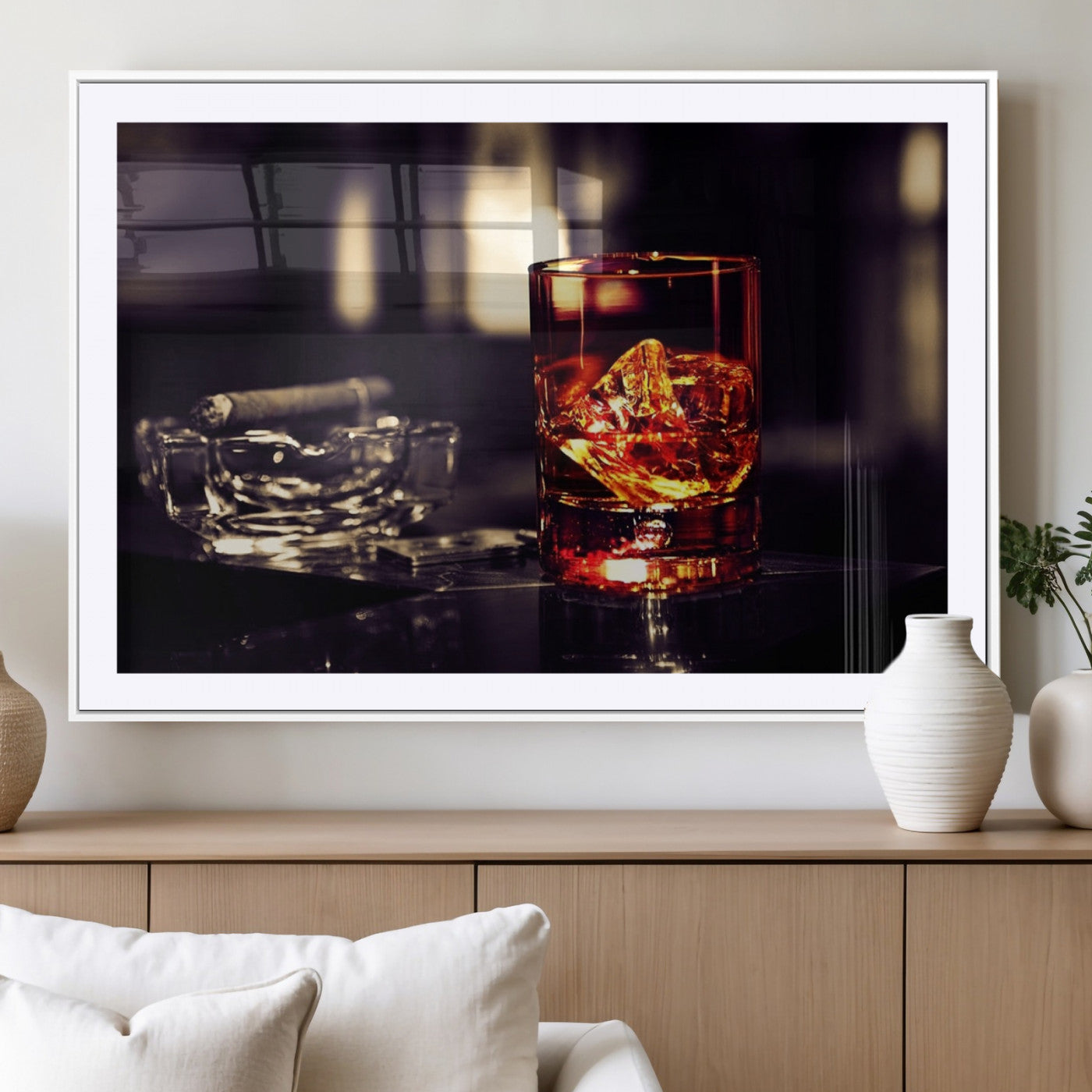 MGC-FP-36x24 - Whiskey and Cigar Canvas – Luxurious Wall Art for Home or Bar – Glass and Cigar Scene Print Canvas
