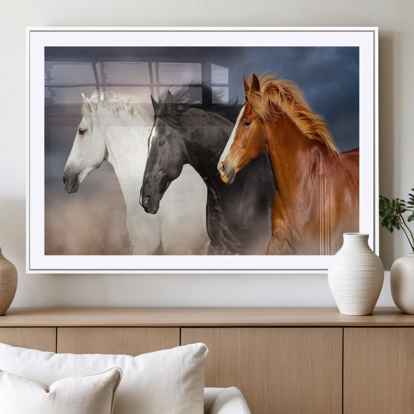 MGC-FP-36x24 - Animal Wall Art Three Horses Farmhouse Art Canvas, Framed Three Horses Canvas Print