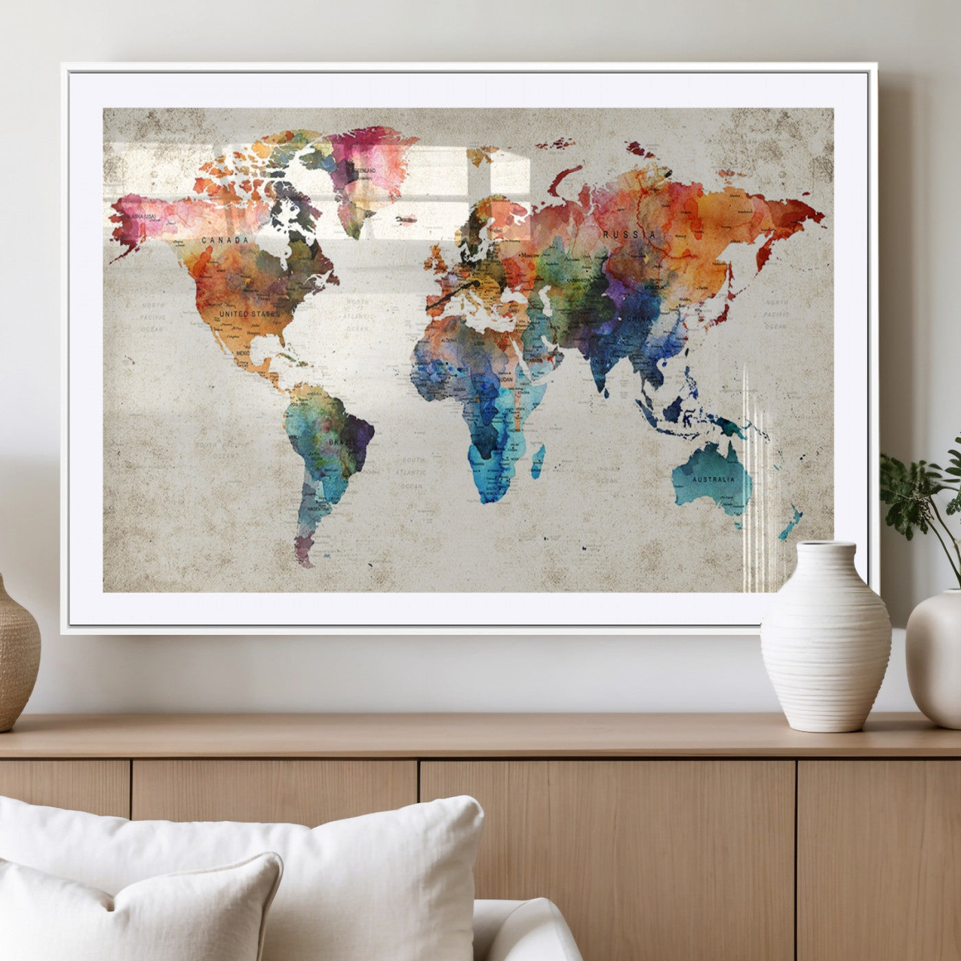 MGC-FP-36x24 - Push Pin World Map Canvas Print – Framed Wall Art for Couples to Track Their Travels – Anniversary
