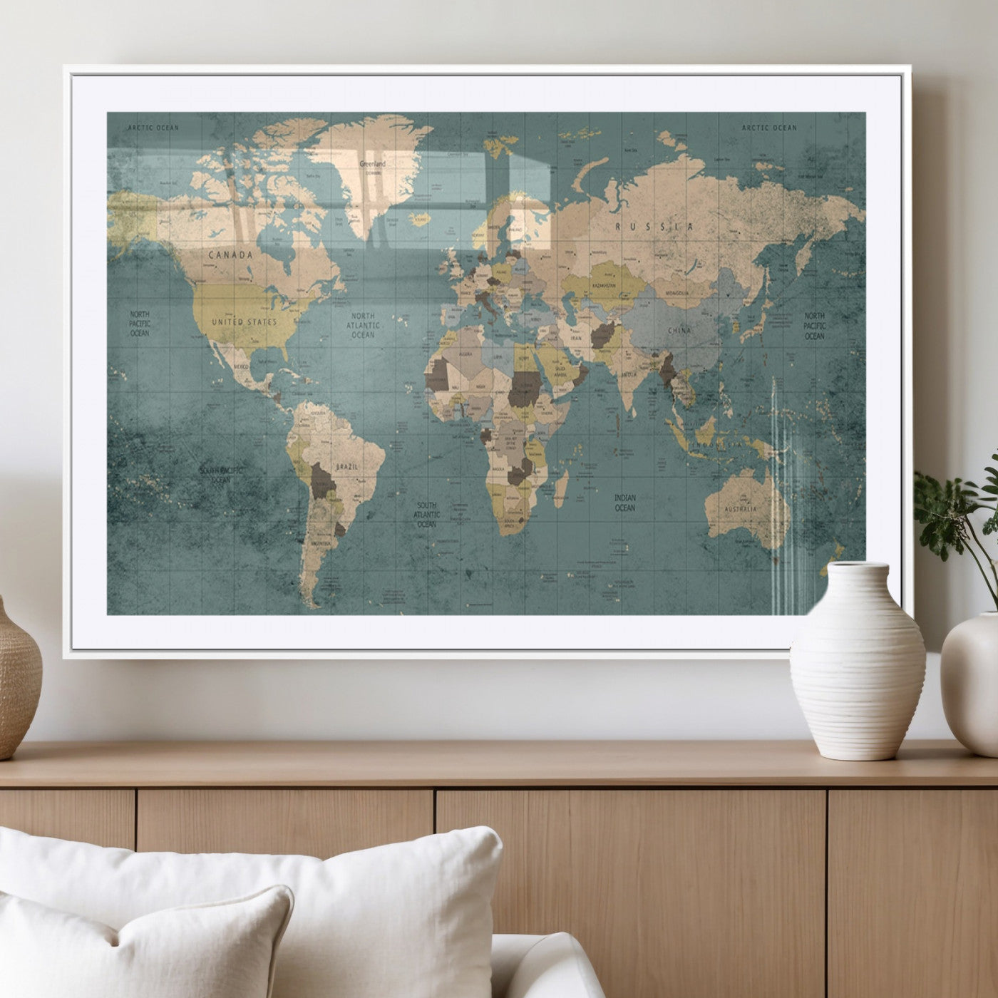 MGC-FP-36x24 - Classic World Map Wall Art Canvas Print, Framed Retro Map Art Picture Print, Vintage Atlas Perfect Rustic Explorer Decor Artwork