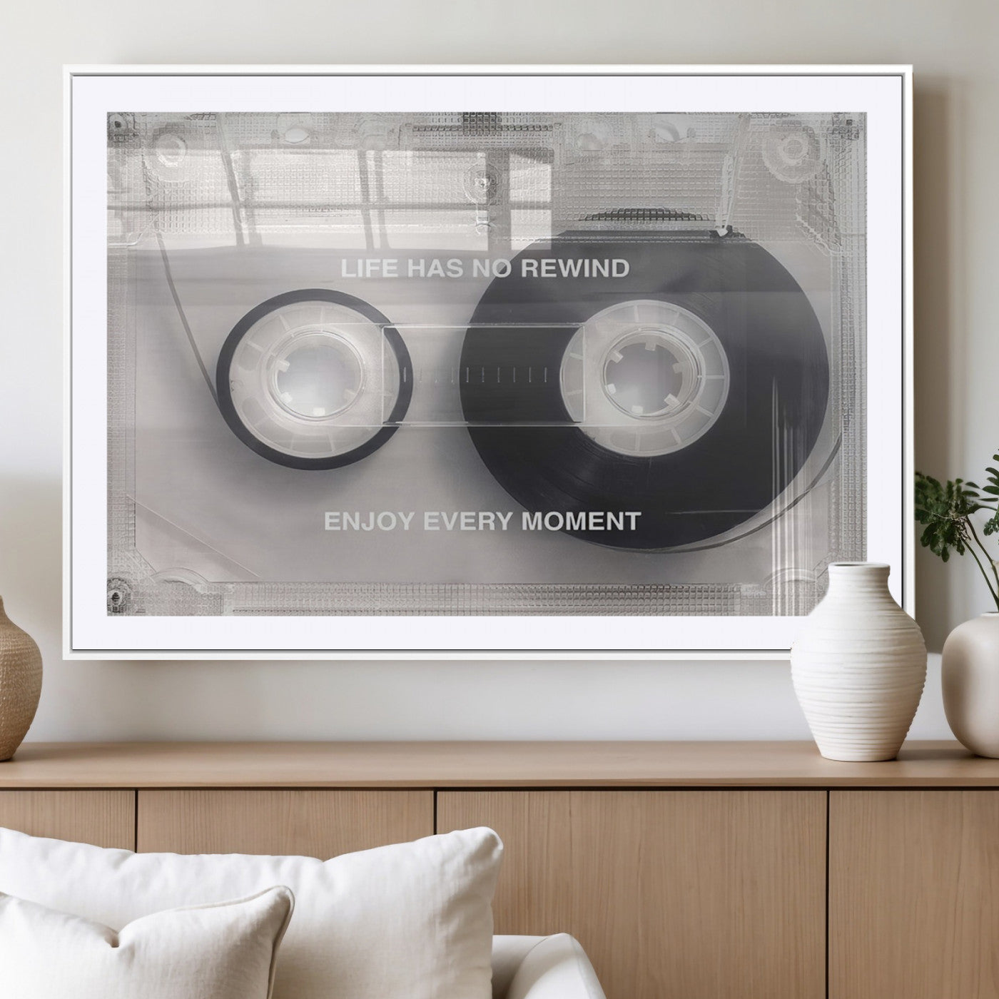 MGC-FP-36x24 - Vintage Cassette Tape Canvas Wall Art - Inspirational 'Life Has No Rewind' Quote, Retro Music Decor