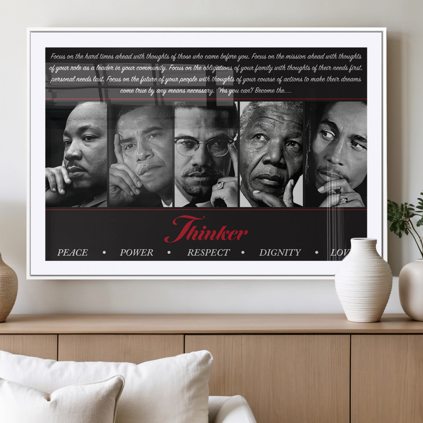 MGC-FP-36x24 - Thinker Quintet Canvas Wall Art – Martin, Obama, Malcolm X, Mandela, Marley Featuring Peace, Power,