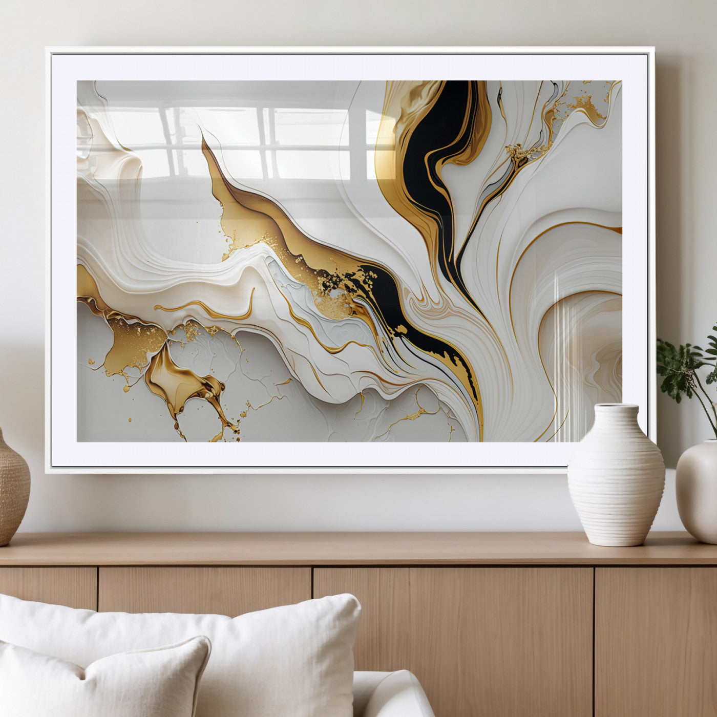 -Gold Waves on Pure White Canvas – Gold Abstract Art for Modern Interiors | Wall Art Canvas, Framed &