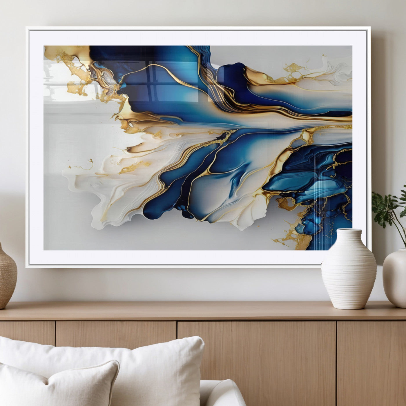 MGC-FP-36x24 - Gold Marble Art - Abstract Geode Gold And Blue Marble Shape 3 Pieces Wall Art Canvas Print