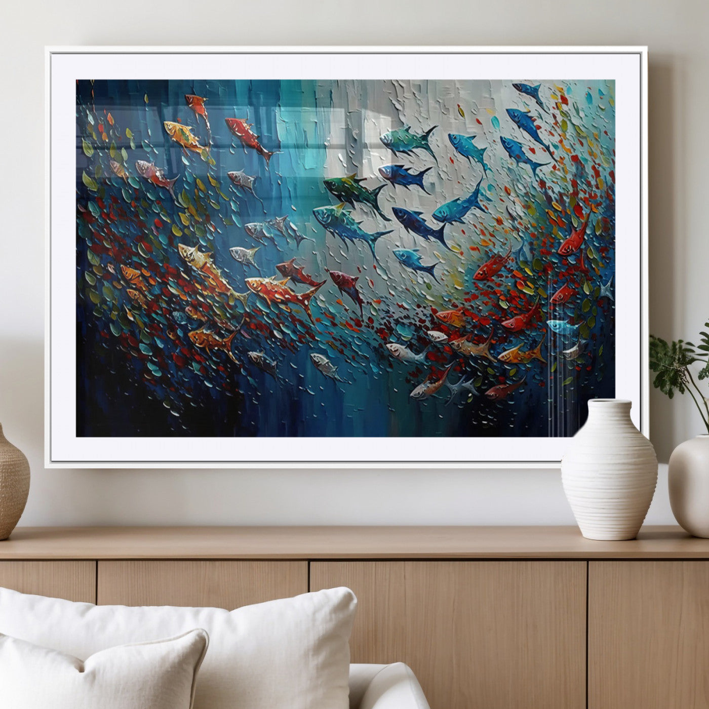 -Modern Abstract Fish Shoal Wall Art Canvas Print, Colorful Fish Herd Painting on Canvas Print, Ocean