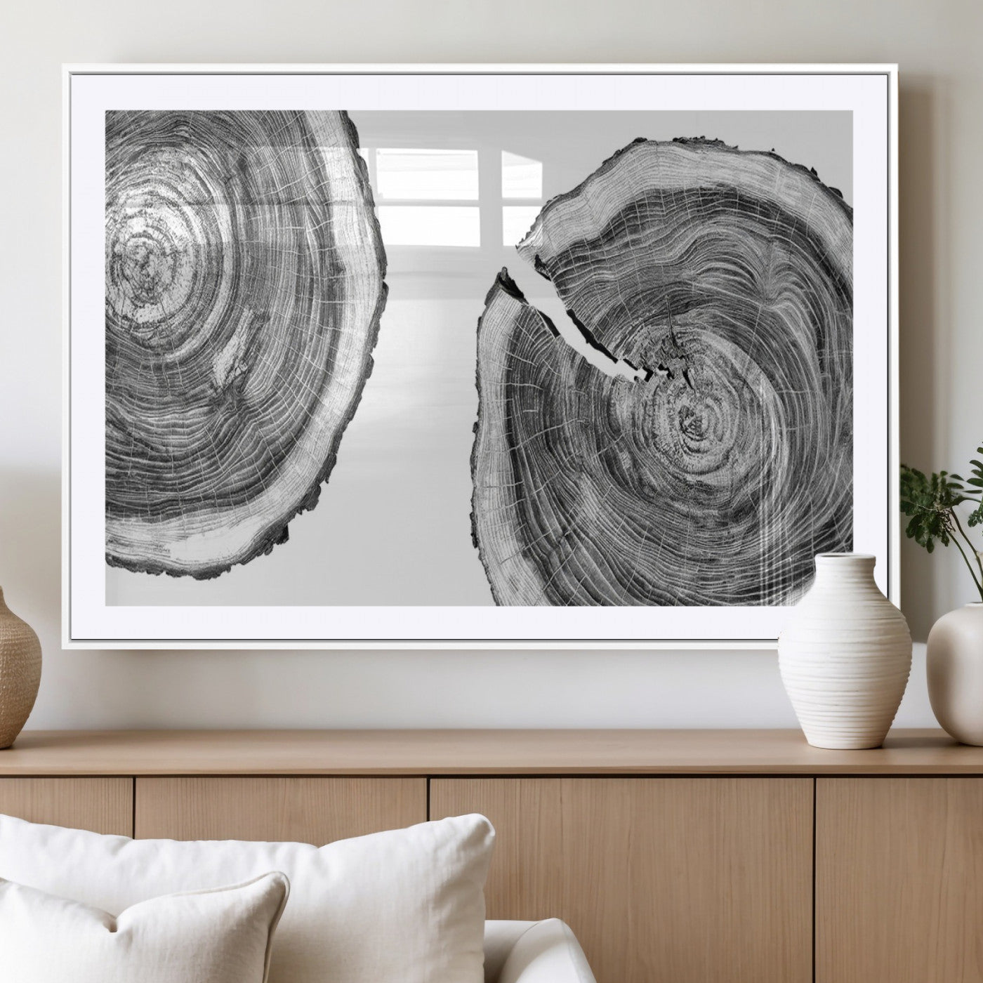 MGC-FP-36x24 - Modern Black and White Tree Rings Canvas Wall Art – Nature Inspired Wood Slice Print – Minimalist