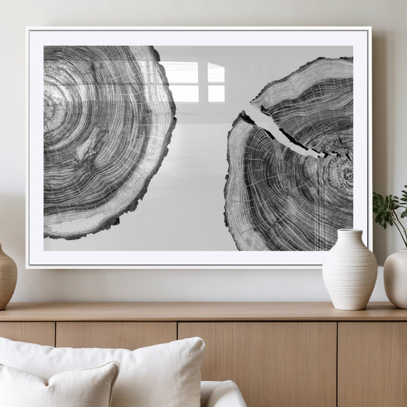 MGC-FP-36x24 - Abstract Large Tree Rings – Minimalist Black and White Wood Art | Triptych Canvas, Modern Wall Decor