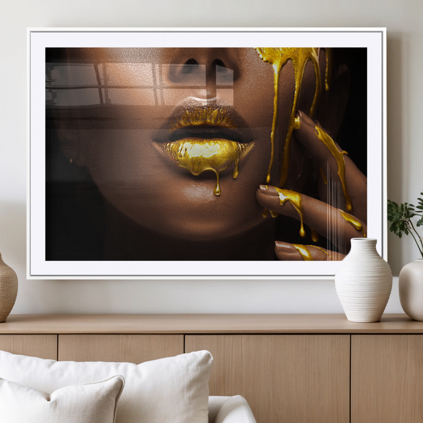 MGC-FP-36x24 - African American Art Black Woman Canvas Print, African Wall Art, Fashion African Woman Gold Lips