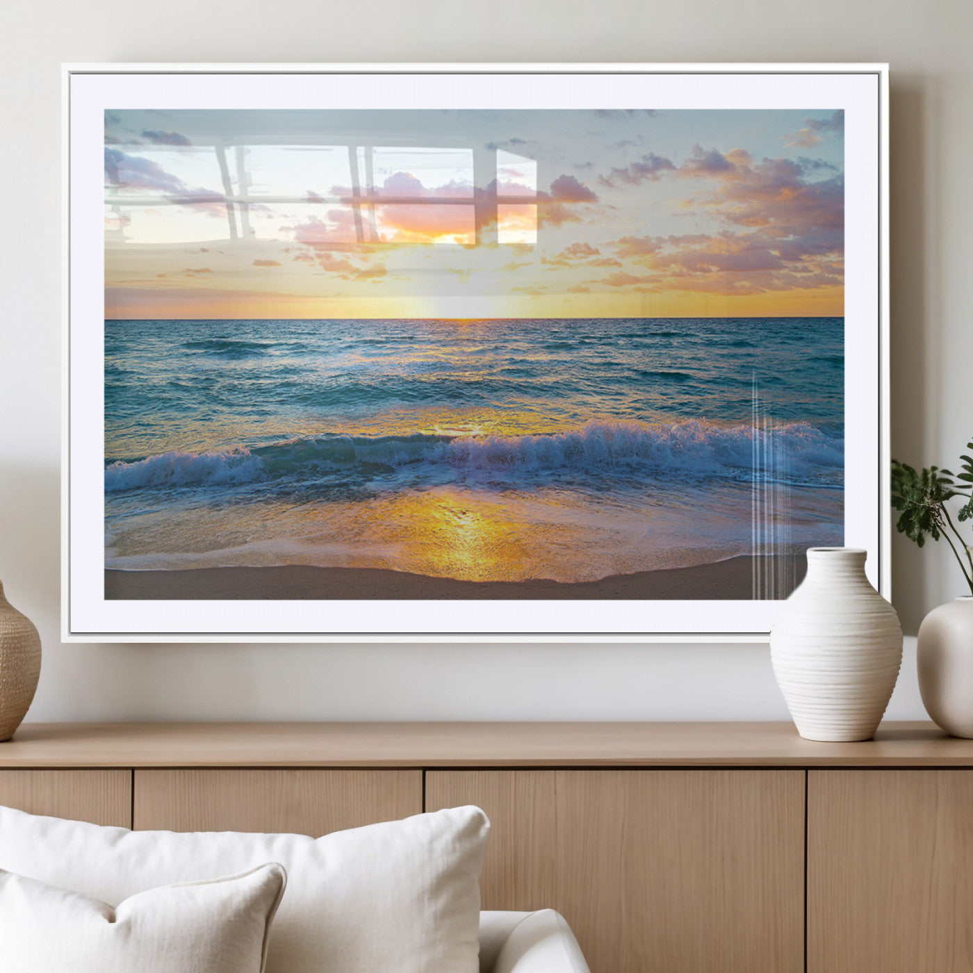MGC-FP-36x24 - Golden Sunset Over Ocean Waves - Serene Coastal Triptych Wall Art for Relaxing Home Decor, Ready to