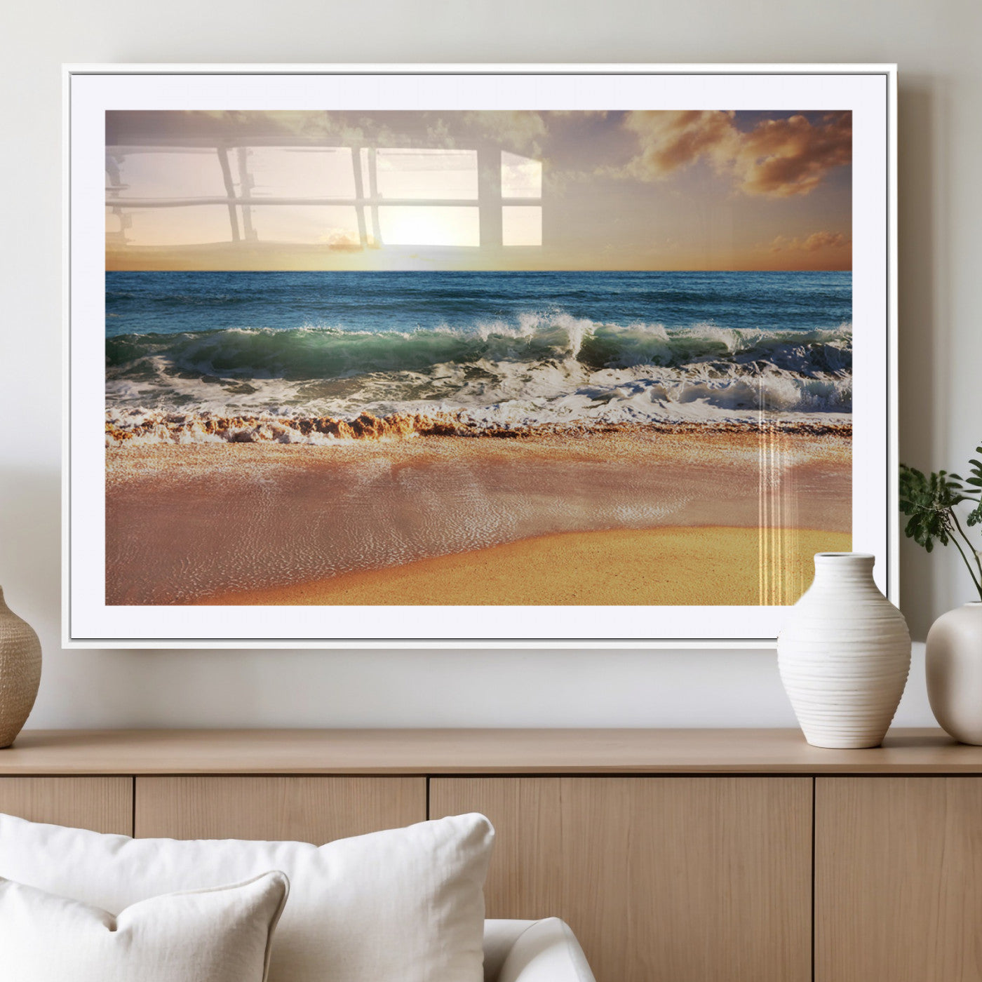 MGC-FP-36x24 - Sunset Beach Wall Art - 3-Panel Framed Canvas Print, Ready to Hang Ocean Sunset for Coastal and