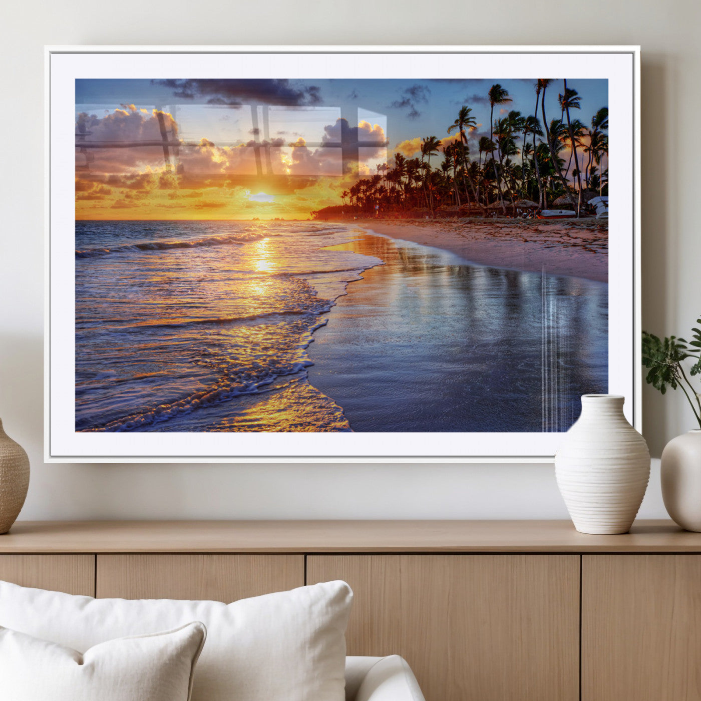 MGC-FP-36x24 - Serene Beach Sunset Wall Art Canvas- Coastal Seascape Print for Living Room or Bedroom, Ocean Waves