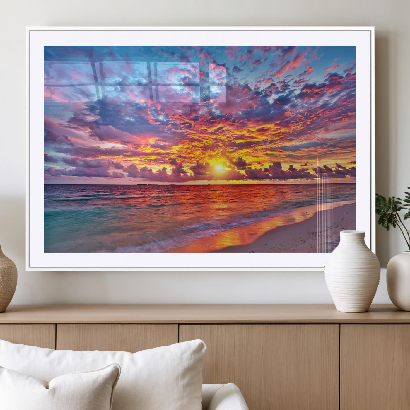 MGC-FP-36x24 - Vibrant Sunset Beach Wall Art - Ocean Sunset Canvas Print | Coastal Wall Art Decor Stunning Sunset