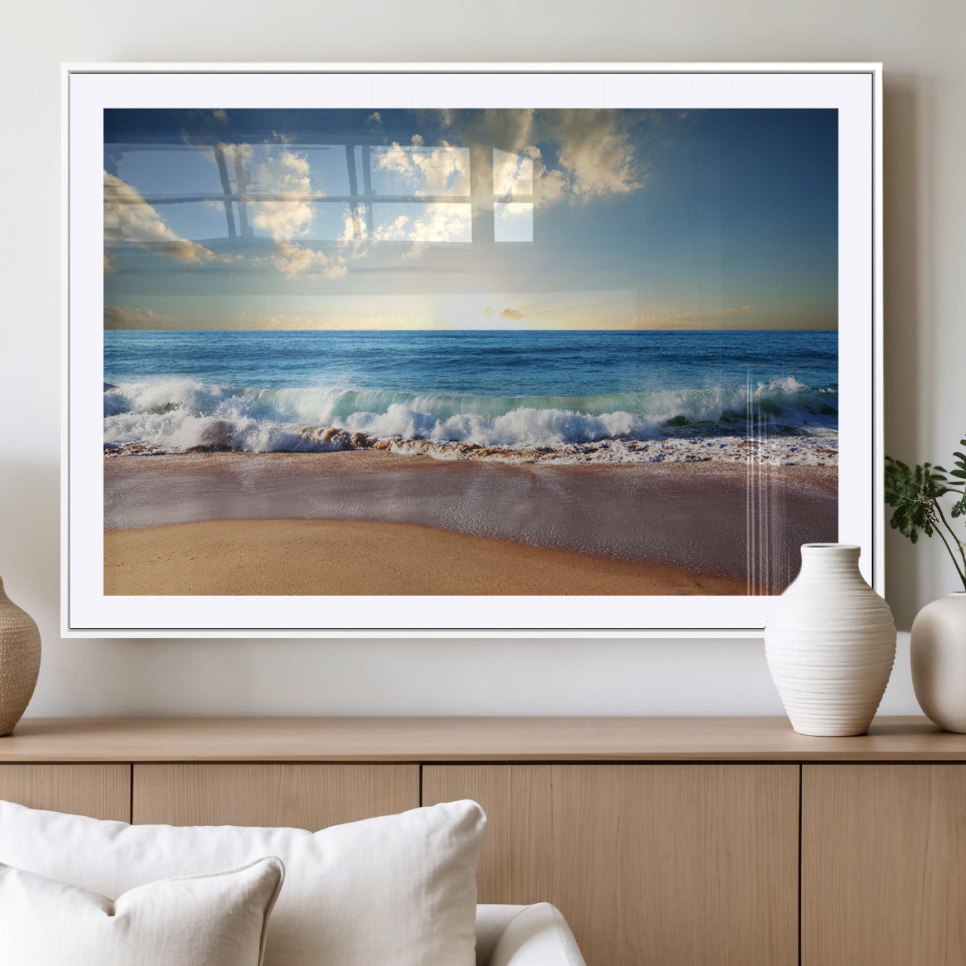 MGC-FP-36x24 - Serene Ocean Sunset Canvas Wall Art - Beach Waves at Sunset, Ready to Hang